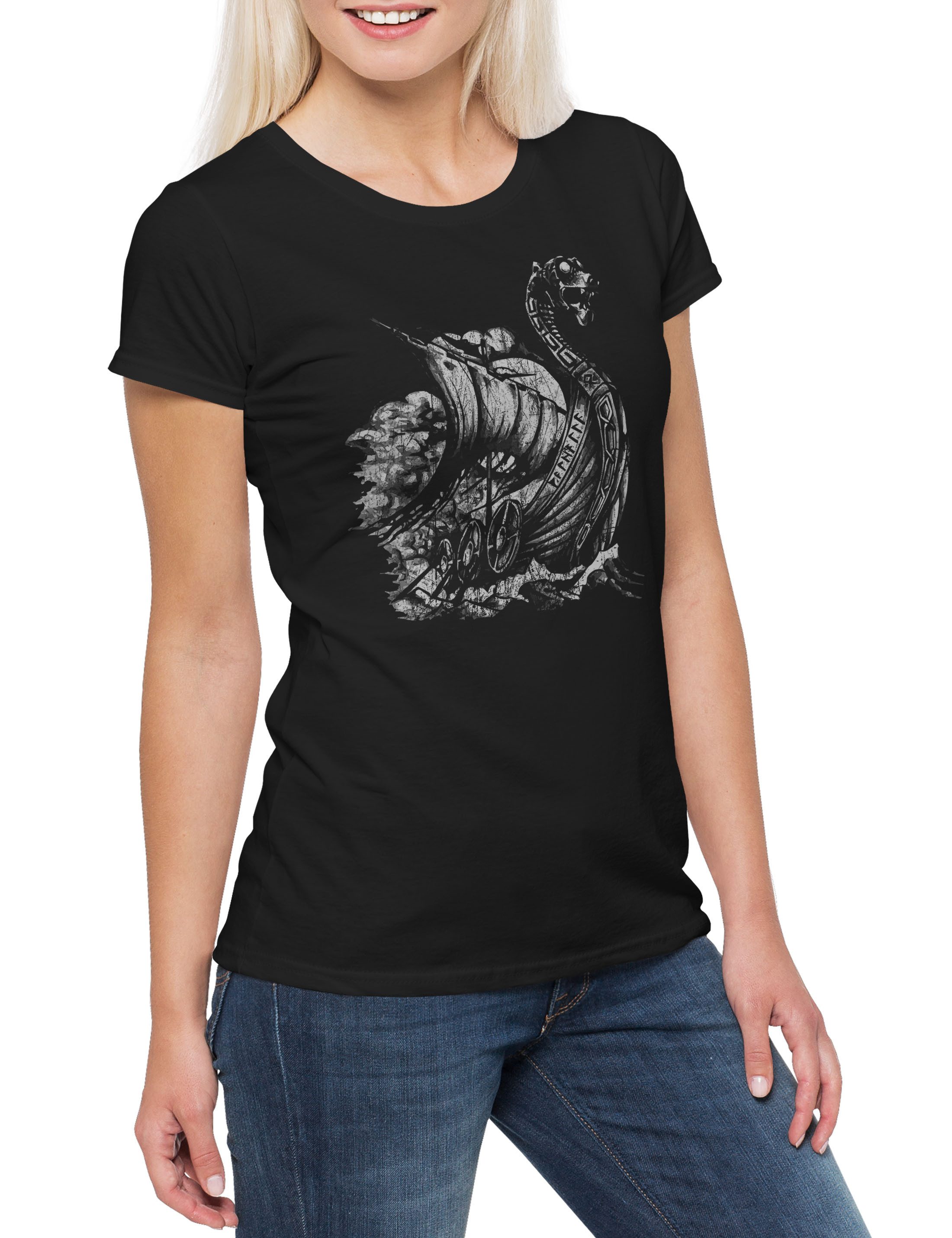 Urban Backwoods Print-Shirt Viking Ship VIII Damen T-Shirt Valhalla Odin Thor Norse Vikings Boot (1-tlg) Tyr Dragon Drachen Wikinger