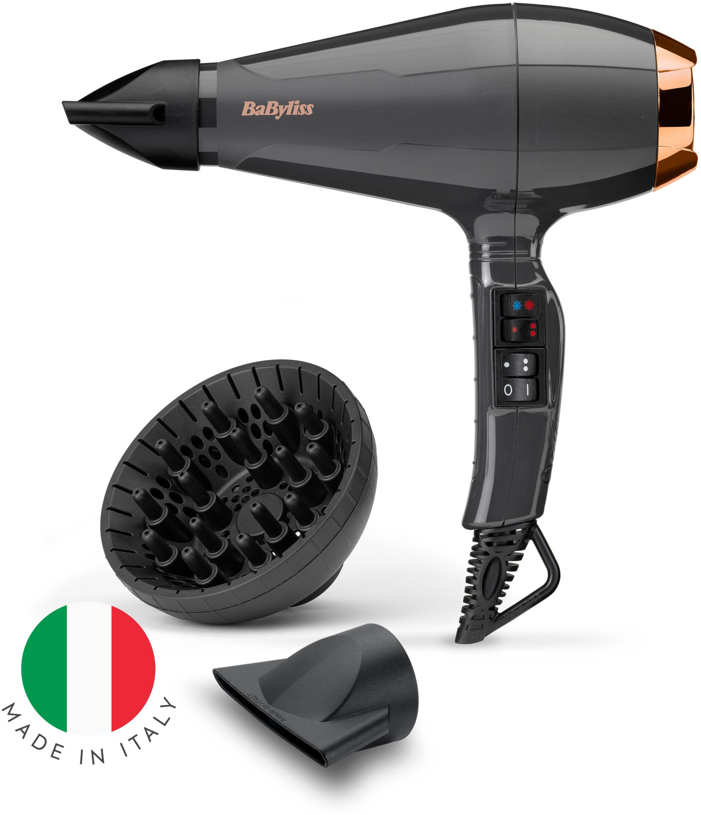 BaByliss Ionic-Haartrockner BaByliss Italian Air Pro Haartrockner mit Ionen-Technologie, 6719DE, 2200 W, Anti-Frizz, Föhn mit 2 Zentrierdüsen und Diffusor, AC-Motor, 2200 W