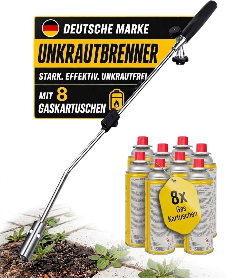 Fabona Unkrautbrenner Unkrautvernichter, 1100 °C maximal, (8-tlg., mit Piezozündung – professionelles Abflammgerät), inkl. 8-Gas-Kartusche