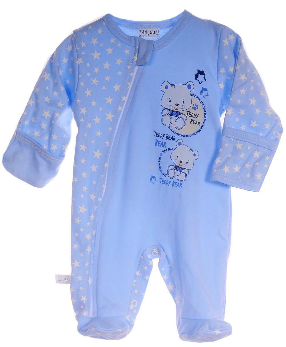 La Bortini Strampler Anzug Baby Overall Einteiler mit Kratzschutz in Blau mit Bärchen (Romper mit Füßchen. lang, für Neugeborene) aus reiner Baumwolle, 44 50 56 62 68 74 80 86 92