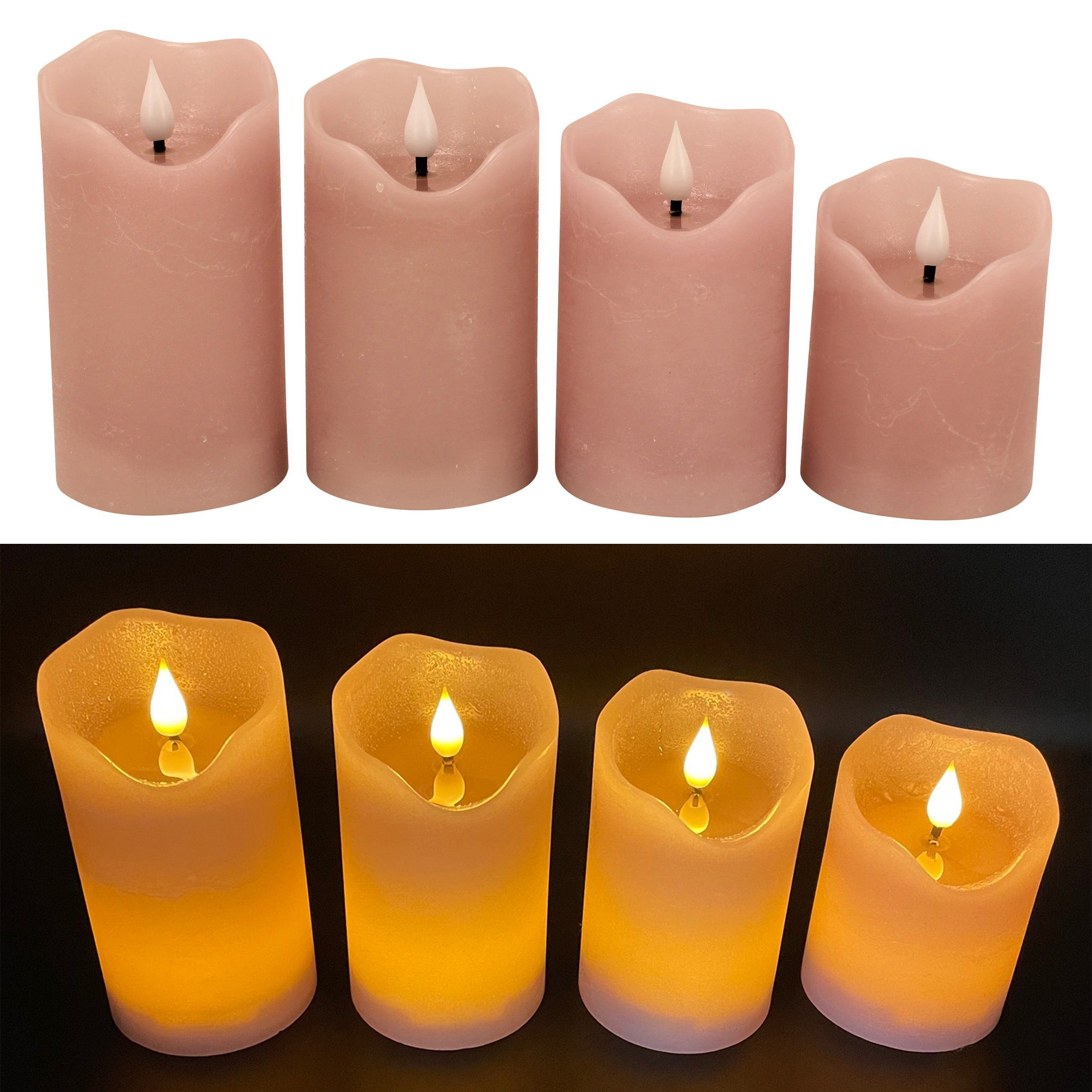 Online-Fuchs LED-Kerze 4er Set LED Kerzen mit Dimmer SPIEGELNDE FLAMME 697  (Helligkeit über 6 Stufen regulierbar, Timer (2, 4, 6 und 8 Stunden), Höhe  ca. 10, 12, 13, 14 cm, Durchmesser ca. 7,5 cm, Fernbedienung | LED-Kerzen
