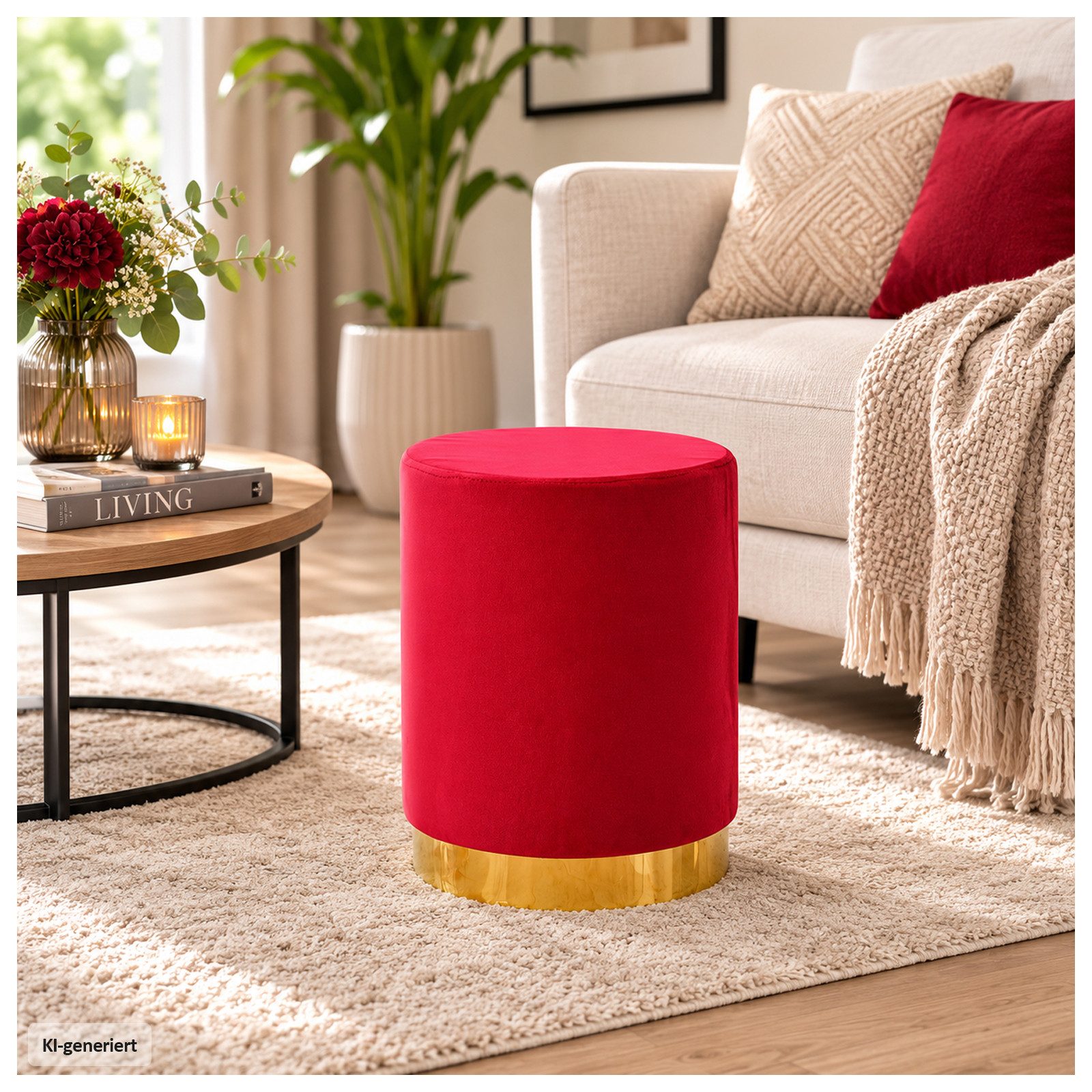 HTI-Living Polsterhocker Hocker Reese Velvet Rot (1 Stück, 1 St., 1 Hocker), Sitzzylinder mit samtiger Oberfläche und goldenem Sockel