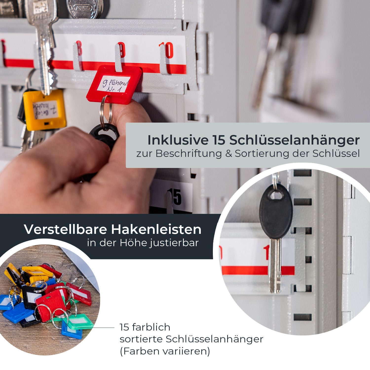 HMF Schlüsselkasten Schlüsselkasten aus Stahl, abschließbarer Schlüsselschrank für Flur (inkl. Schlüsselanhänger), Arbeitszimmer oder Garage, 15 Schlüsselhaken, 25x20x 7,5 cm, Lichtgrau