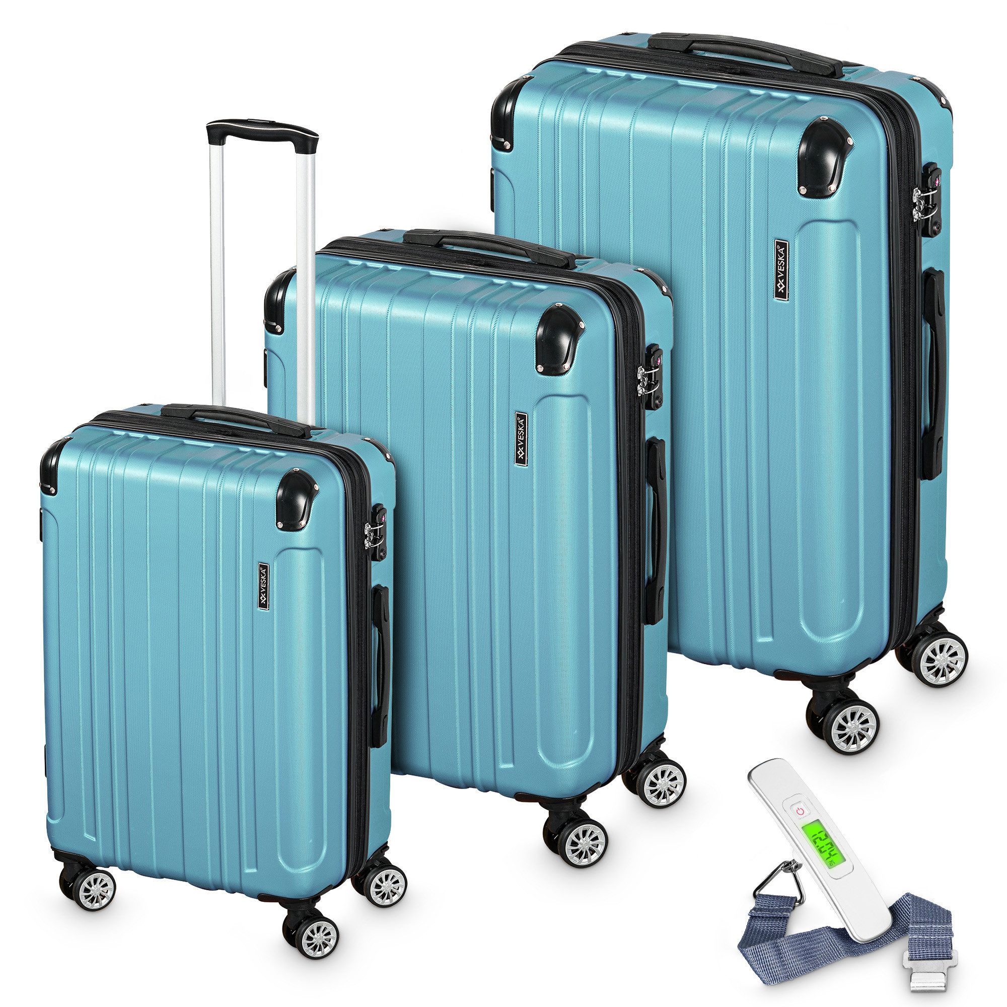 VESKA Trolleyset Hartschalenkoffer Kofferset 3 teilig mit TSA Zahlenschloss 4 Rollen, ABS-Hartschale, Reisekoffer Trolley Rollkoffer Koffer