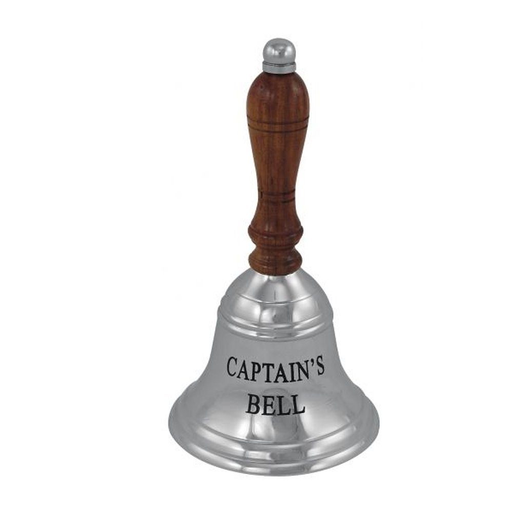 Linoows Dekoobjekt Glocke Handglocke Kapitänsglocke Tischglocke 16 cm (1x), maritime Glocke aus vernickeltem Messing mit Holzgriff