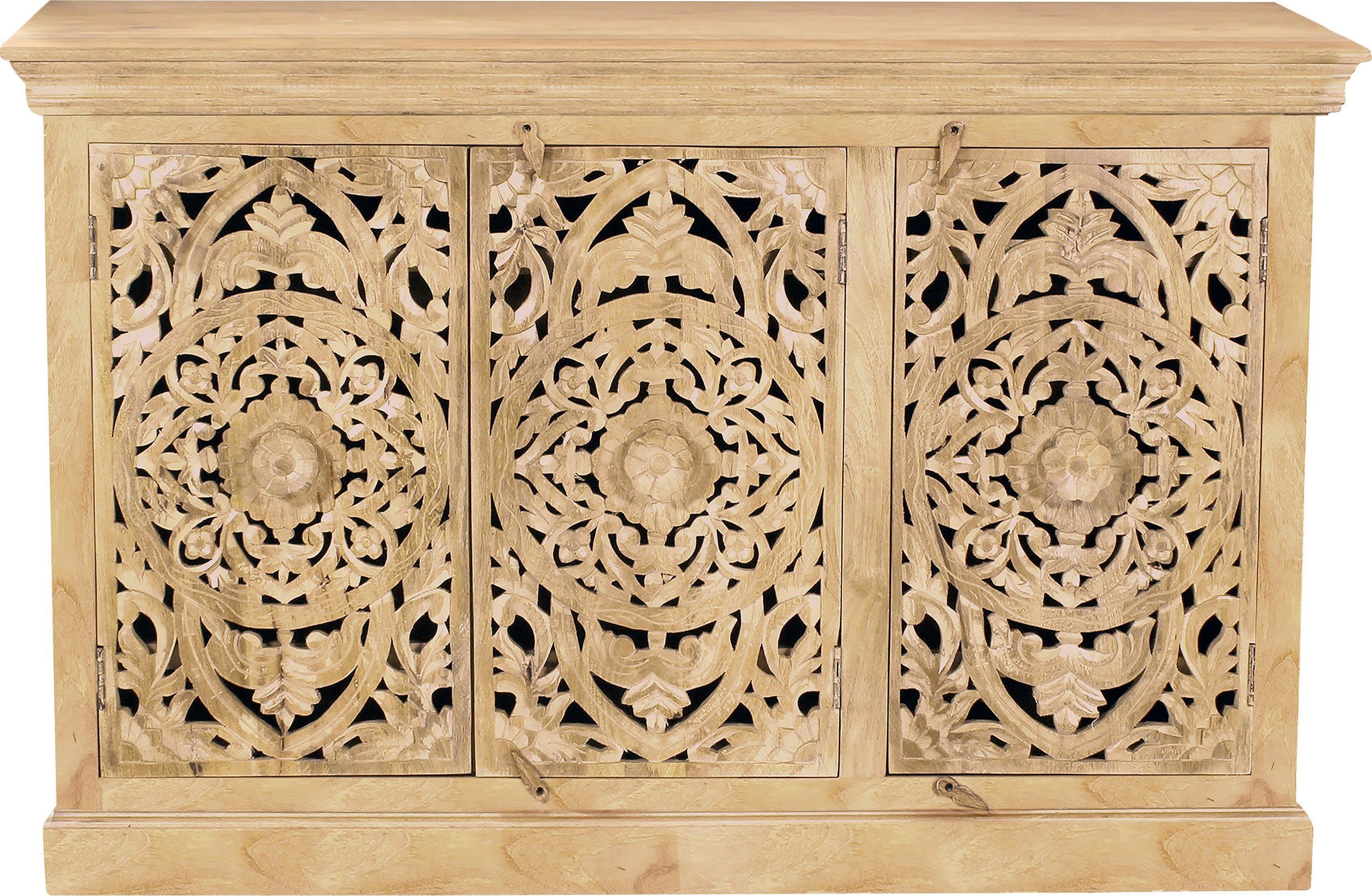 SIT Sideboard Modena aus Mangoholz mit 3 Türen und aufwändigen Schnitzereien, Aufwändige Schnitzereien im orientalischen Stil