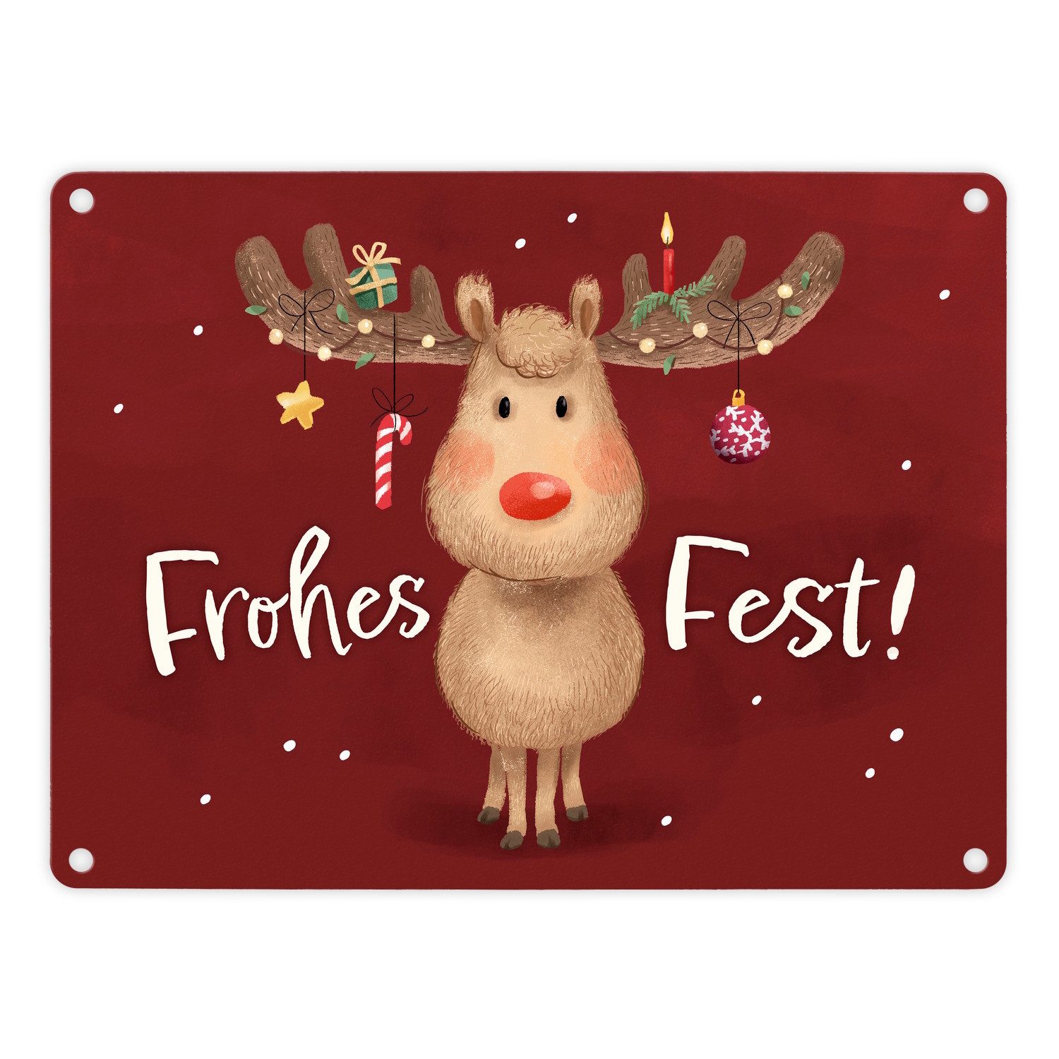 Metallschild Rentier mit Weihnachtsschmuck Metallschild in 15x20 cm Spruch Frohes