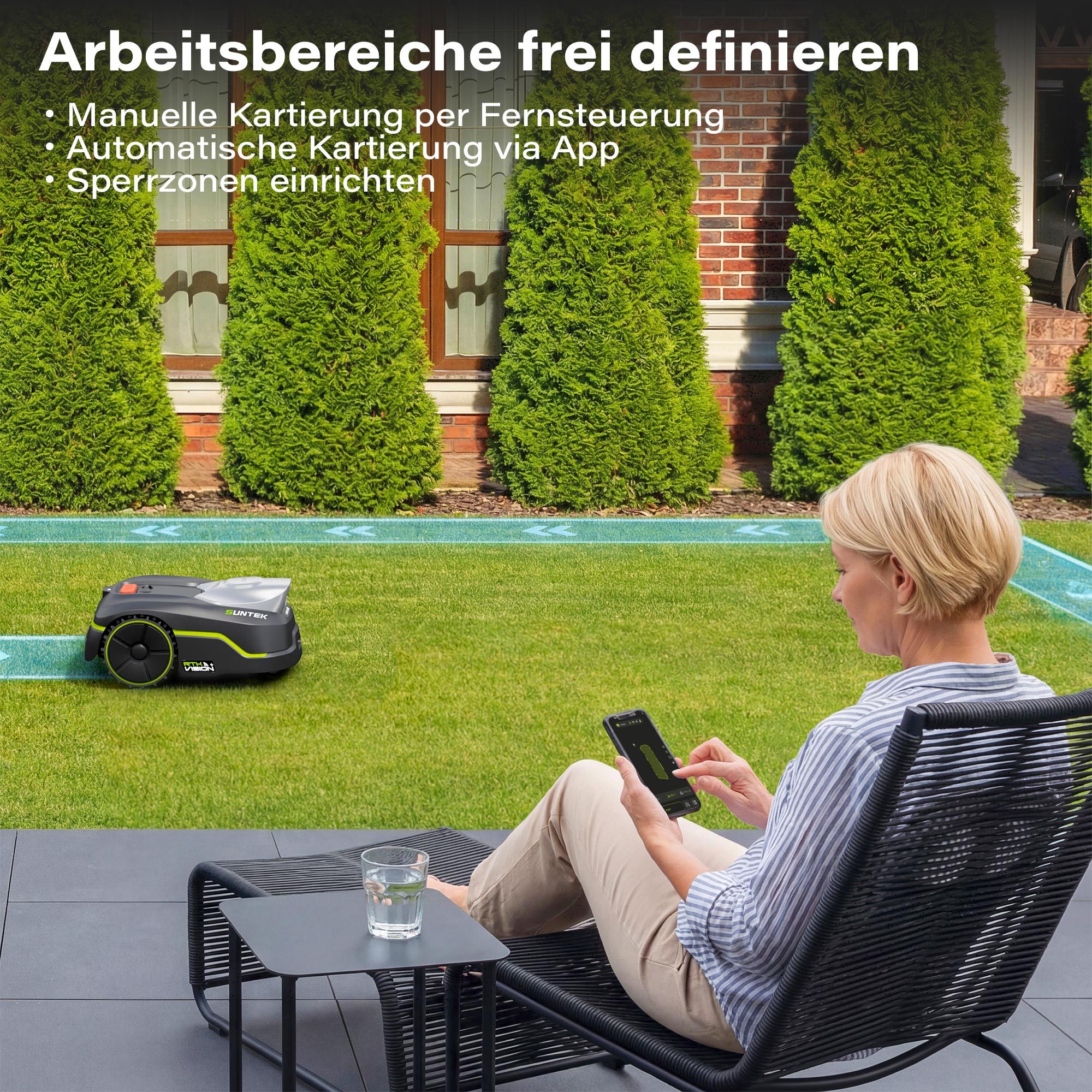 SUNTEK Rasenmähroboter RTK+Vision+TOF LiDAR Mähroboter ohne Begrenzungskabel mit Garage, bis 500 m² Rasenfläche, (1-St), KI-Hindernisvermeidung, 35% Steigung, App