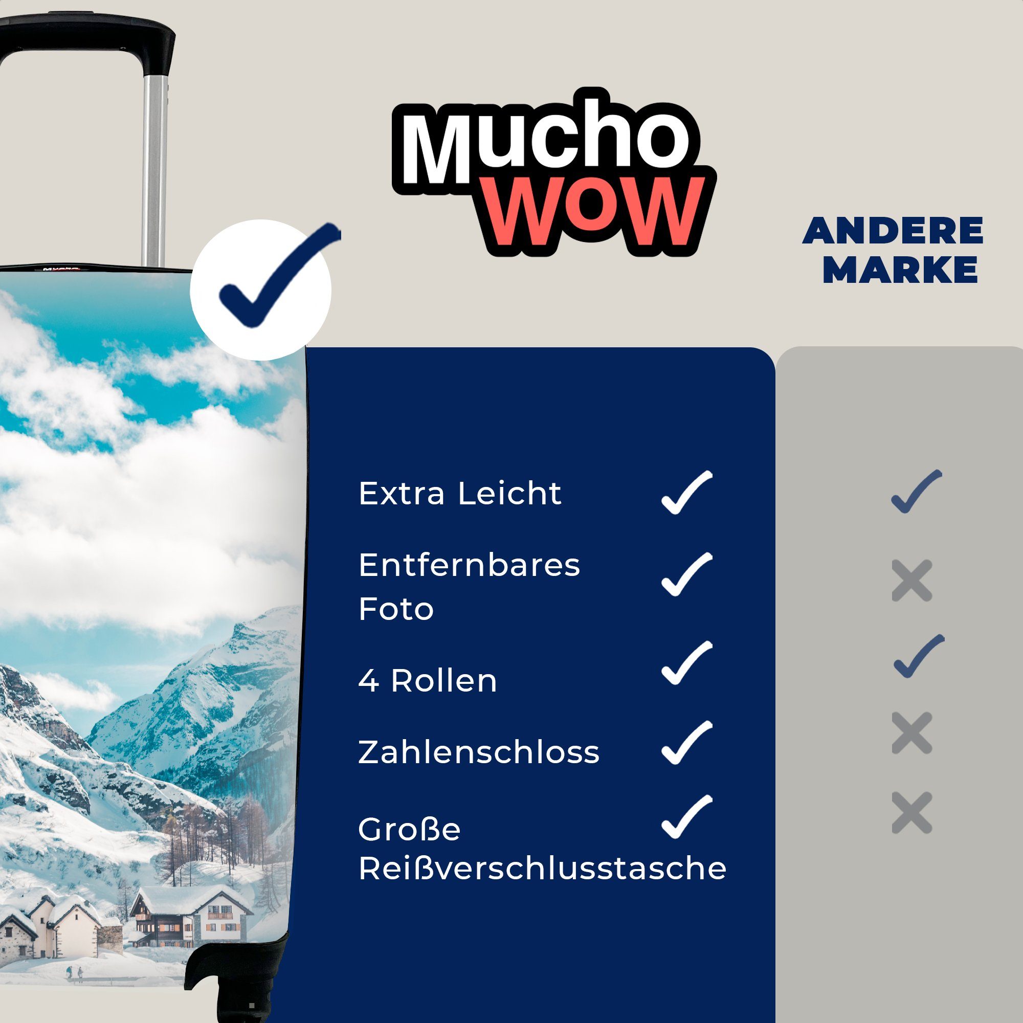 Handgepäck Ferien, Alpen 4 Rollen, Reisekoffer mit Trolley, Handgepäckkoffer MuchoWow rollen, Berge, für Reisetasche - Schnee -