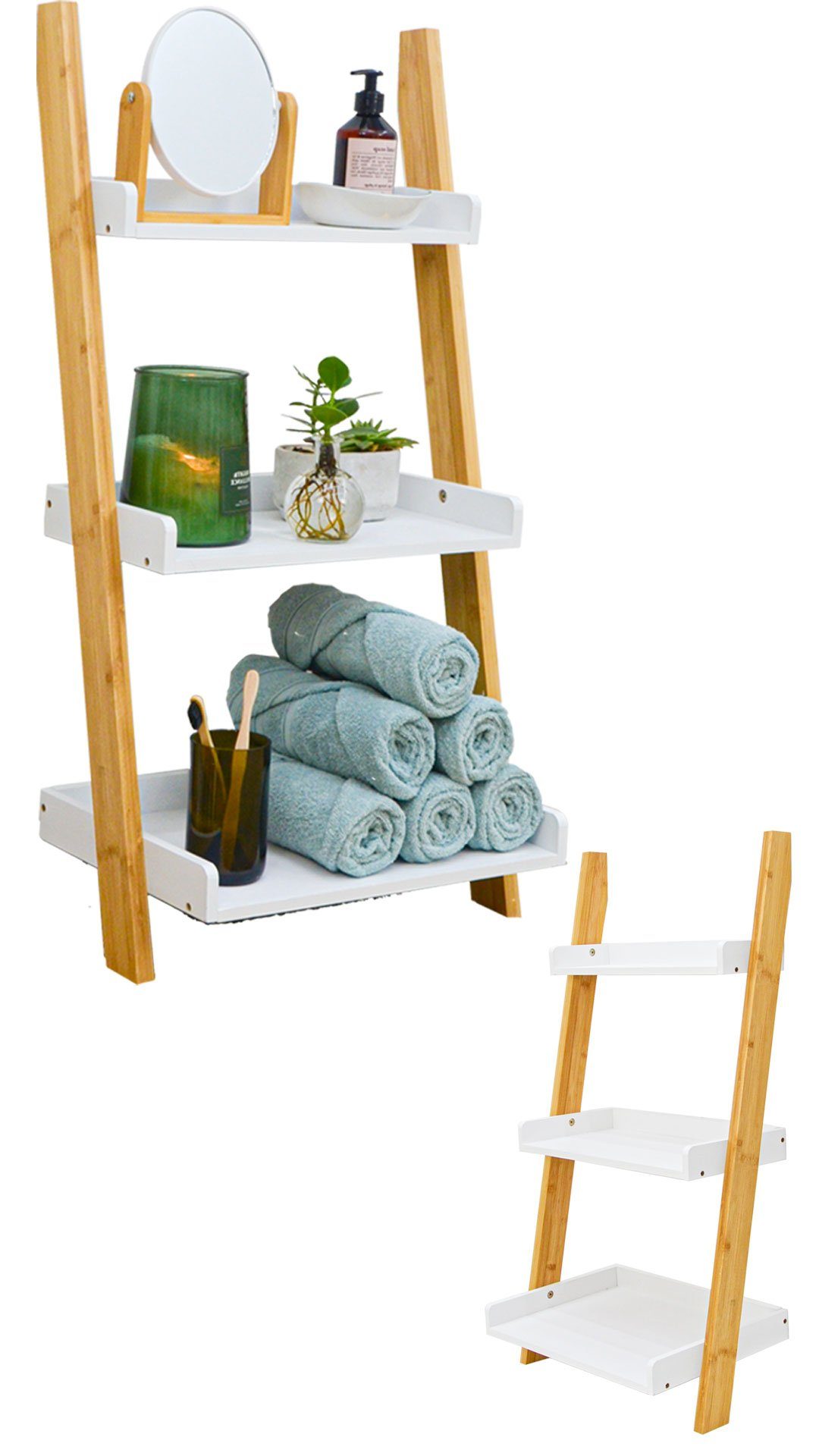 DuneDesign Regal 3 Fächer Bambus Leiterregal 45x90 Badezimmer, Holz Leiter günstig online kaufen