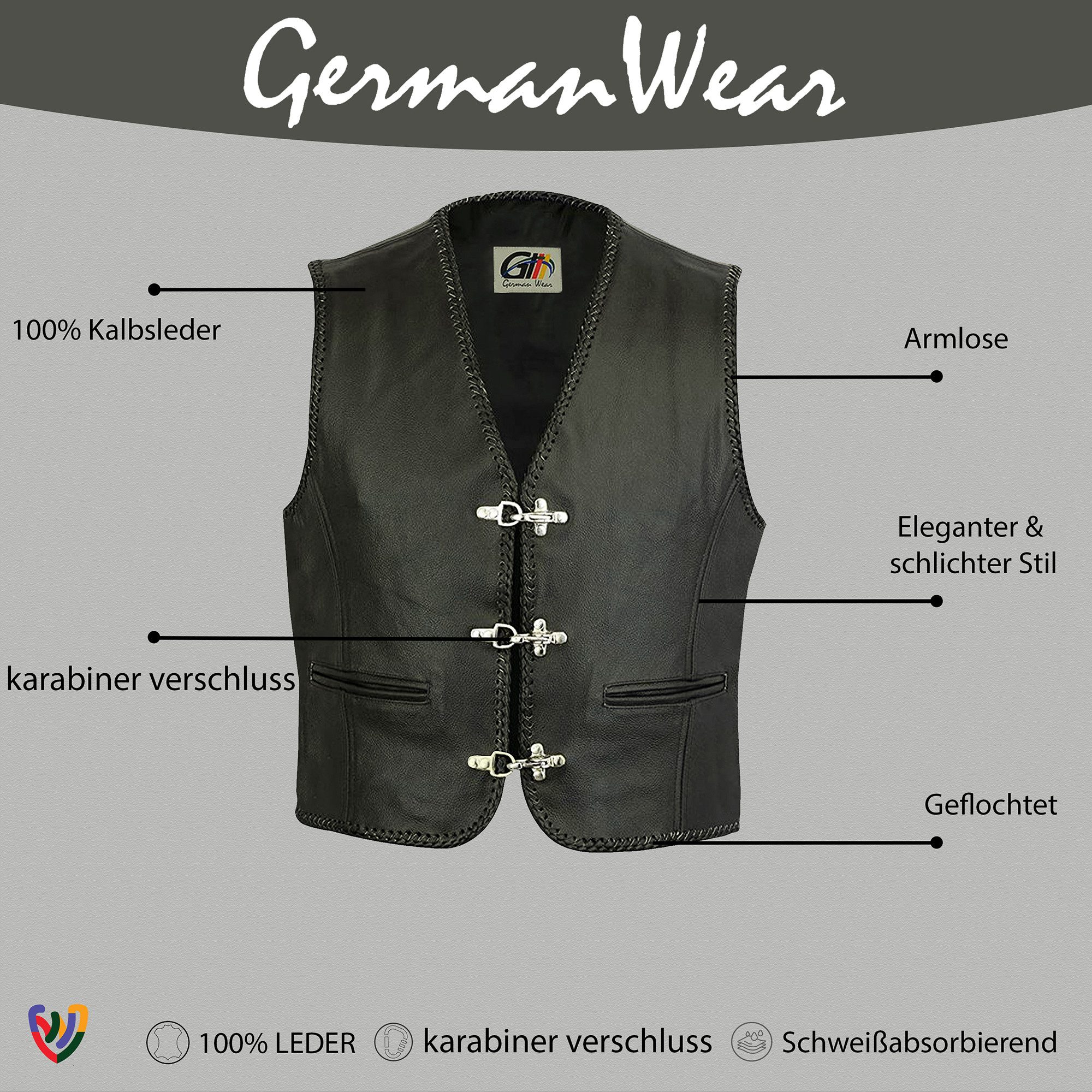 German Wear Motorradweste GW687 Black Motorrad Lederweste Biker Motorradweste Weste schwarz