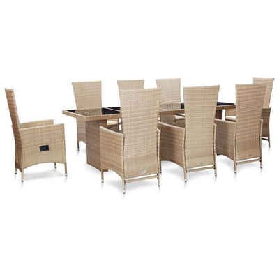 vidaXL Garten-Essgruppe 9-tlg. Garten-Essgruppe mit Auflagen Poly Rattan Beige, (9-tlg)