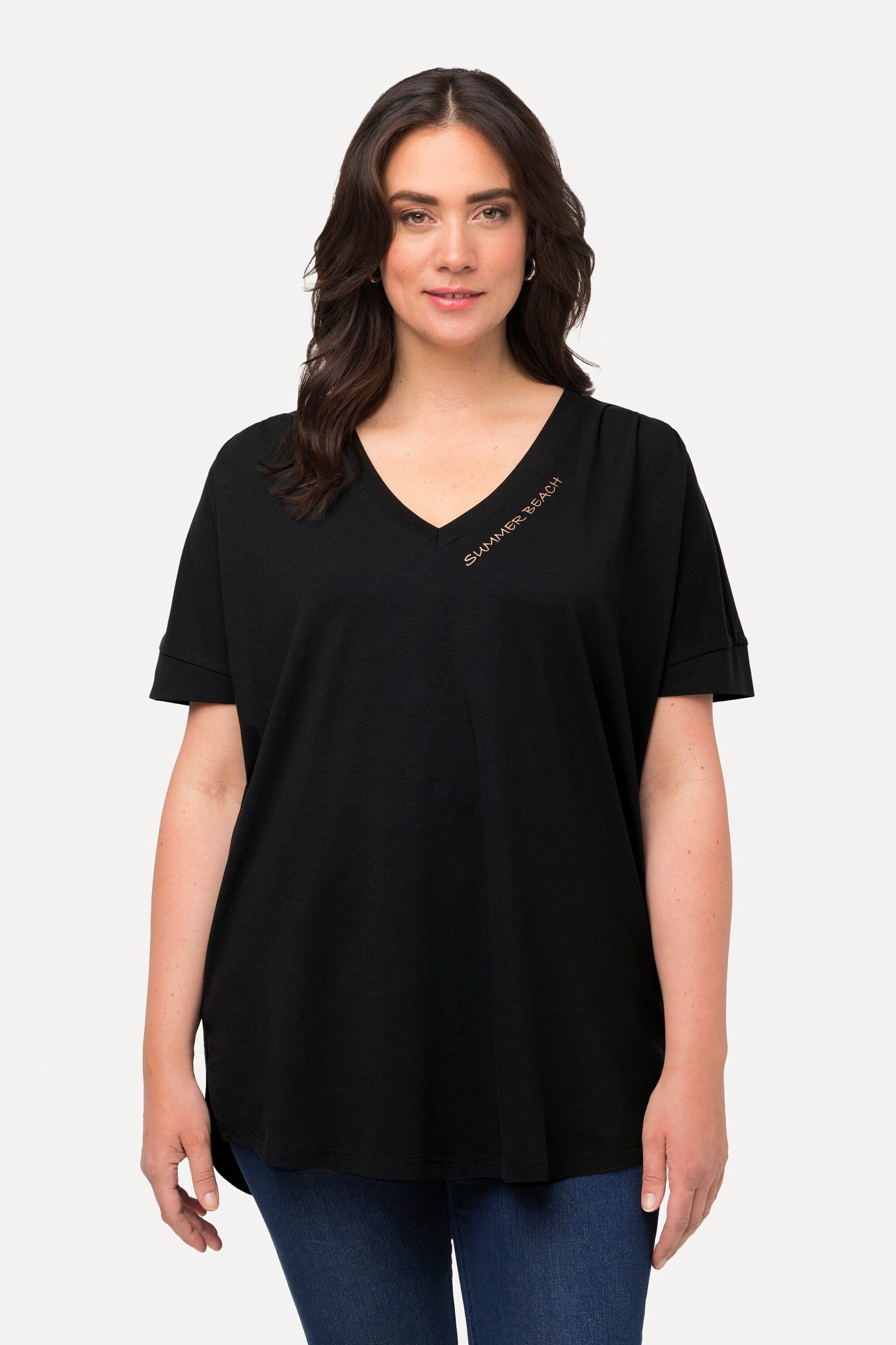 Ulla Popken Rundhalsshirt Longshirt Zierfalten Oversized V-Ausschnitt schwarz
