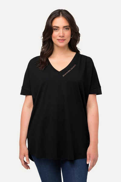 Ulla Popken Rundhalsshirt Longshirt Zierfalten Oversized V-Ausschnitt