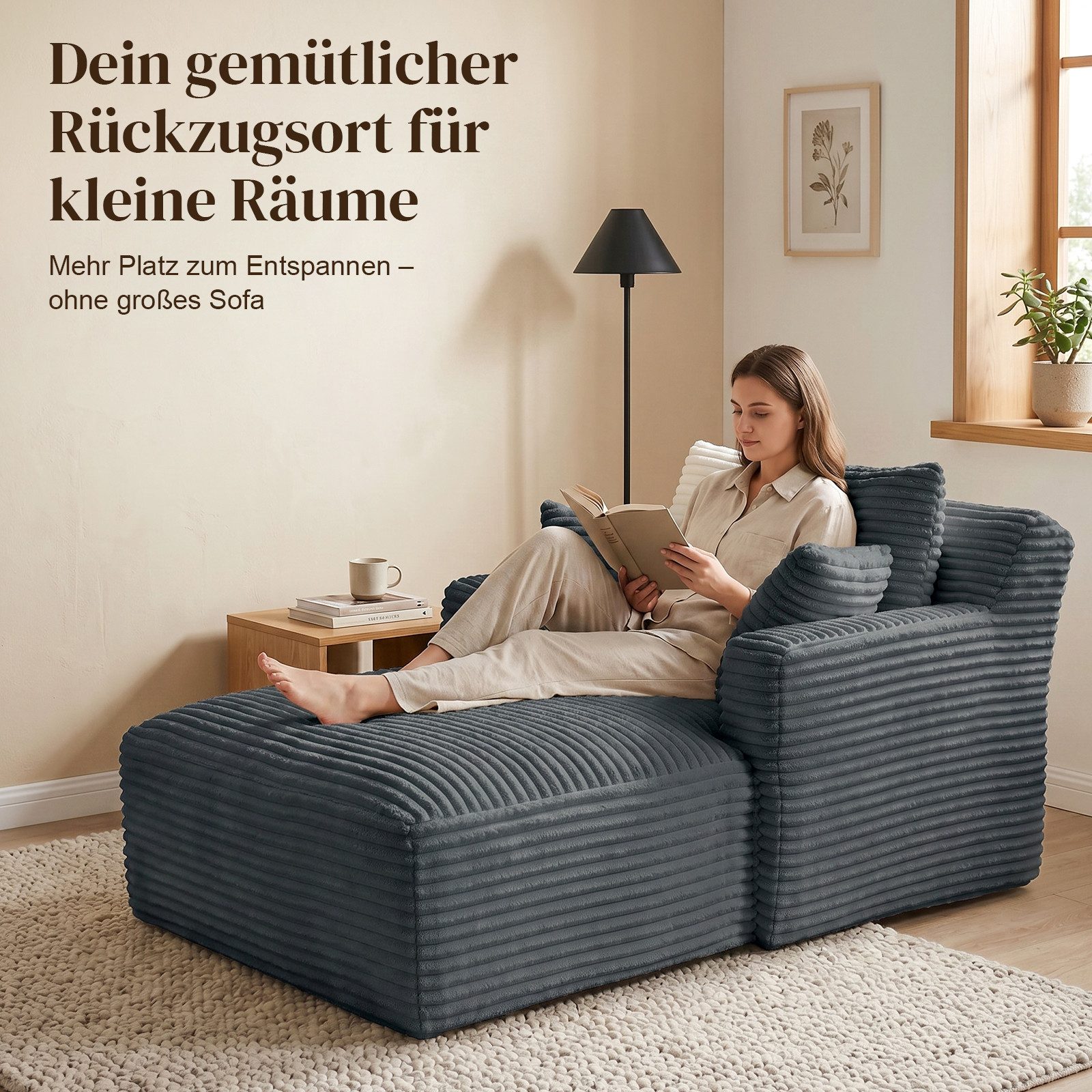 ANYSUN Loungesofa Modernes Chaiselongue-Sofa,Cord-Schlafsofa, 2 Kissen,Relaxsessel Cord, ohne Montage mit Taschenfederkern & Schaumstoffpolsterung,Loungesofa, Lesesessel bequem, fur Wohnzimmer, Büro & Wohnung,Apartment
