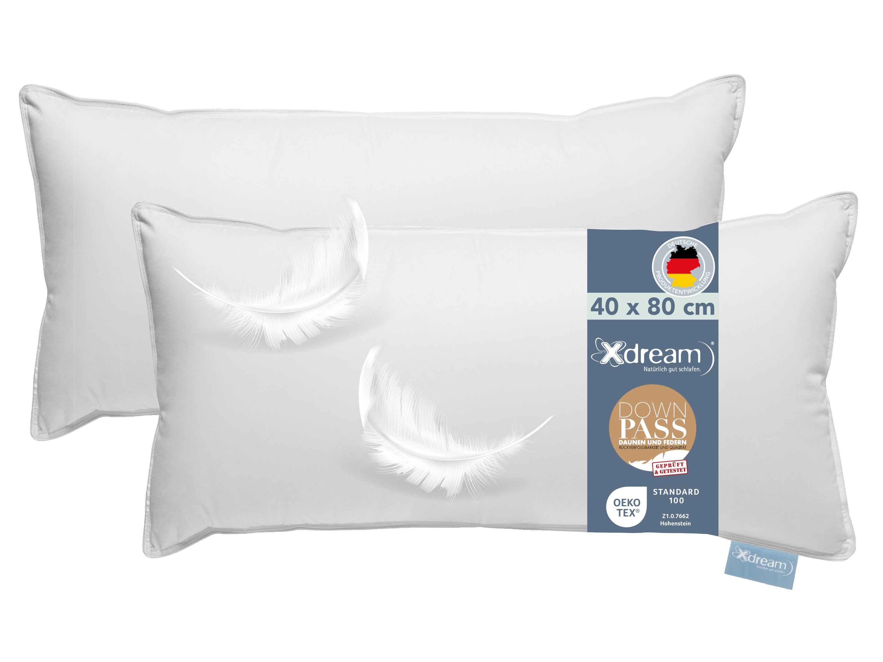 XDREAM Daunenkissen Premium, Kopfkissen 40x80 cm und 80x80 cm, entwickelt in Deutschland, Füllung: Daunen und Federn, Bezug: 100% Baumwolle, Rückenschläfer, Seitenschläfer, Bauchschläfer, Daunenkopfkissen, Bettkissen, Schlafkissen, für Allergiker geeignet