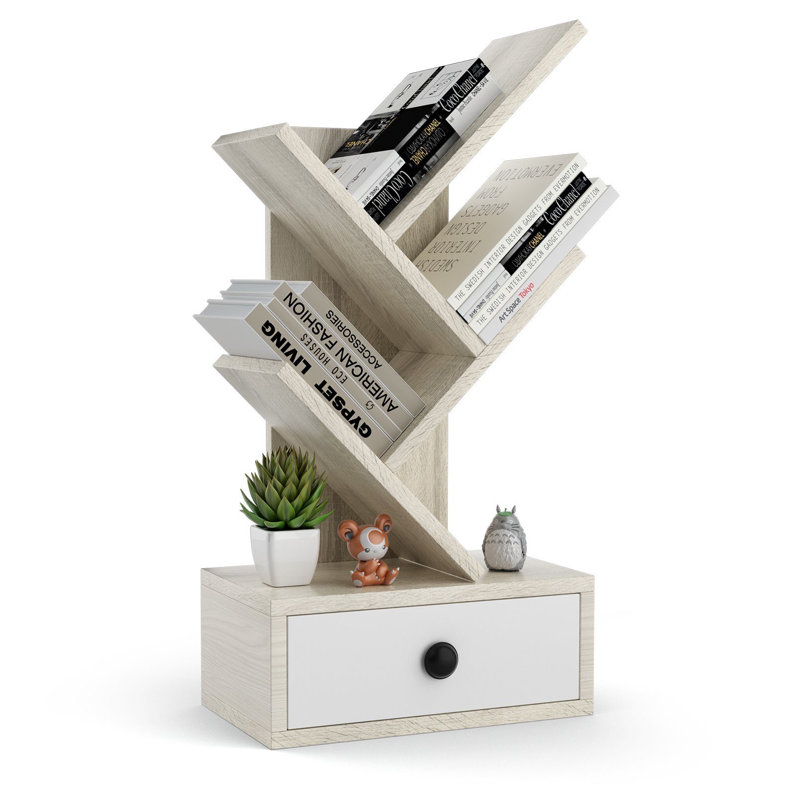 Schublade, stehend, Beige Bücherregal, COSTWAY mit Baumform, 30x17,5x60cm in Holz,