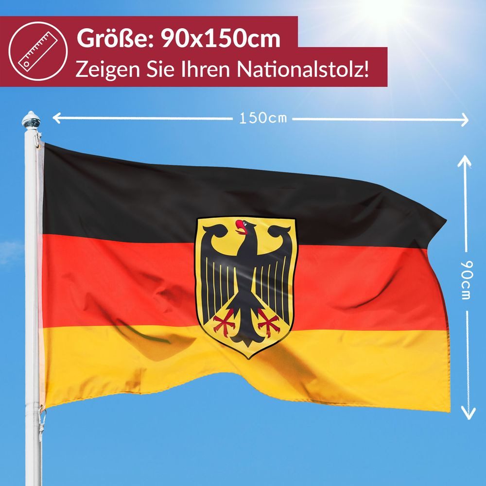 PHENO FLAGS Flagge Deutschland Flagge mit Adler 90 X 150 cm Deutsche Fahne (Hissflagge für Fahnenmast), Inkl. 2 Messing Ösen