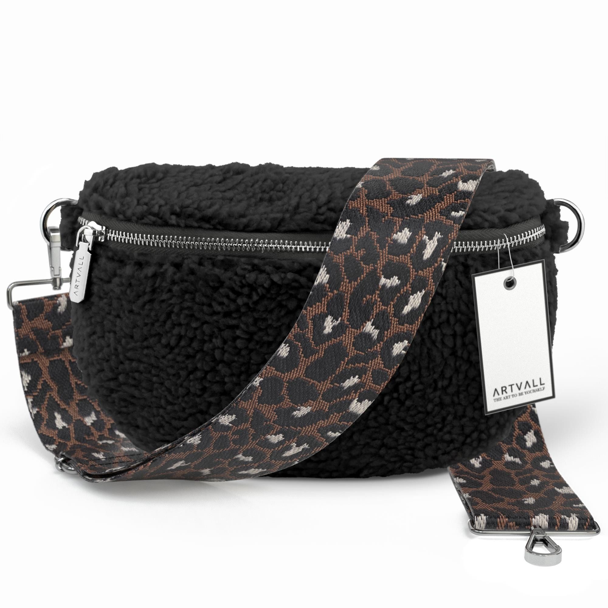 ARTVALL Umhängetasche Teddy Handtasche Brusttasche Crossbody Bag Schwarz (Tasche inkl. Taschenband), Bauchtasche Teddy Plüschtasche Teddyfell mit Schultergurt Design Klein