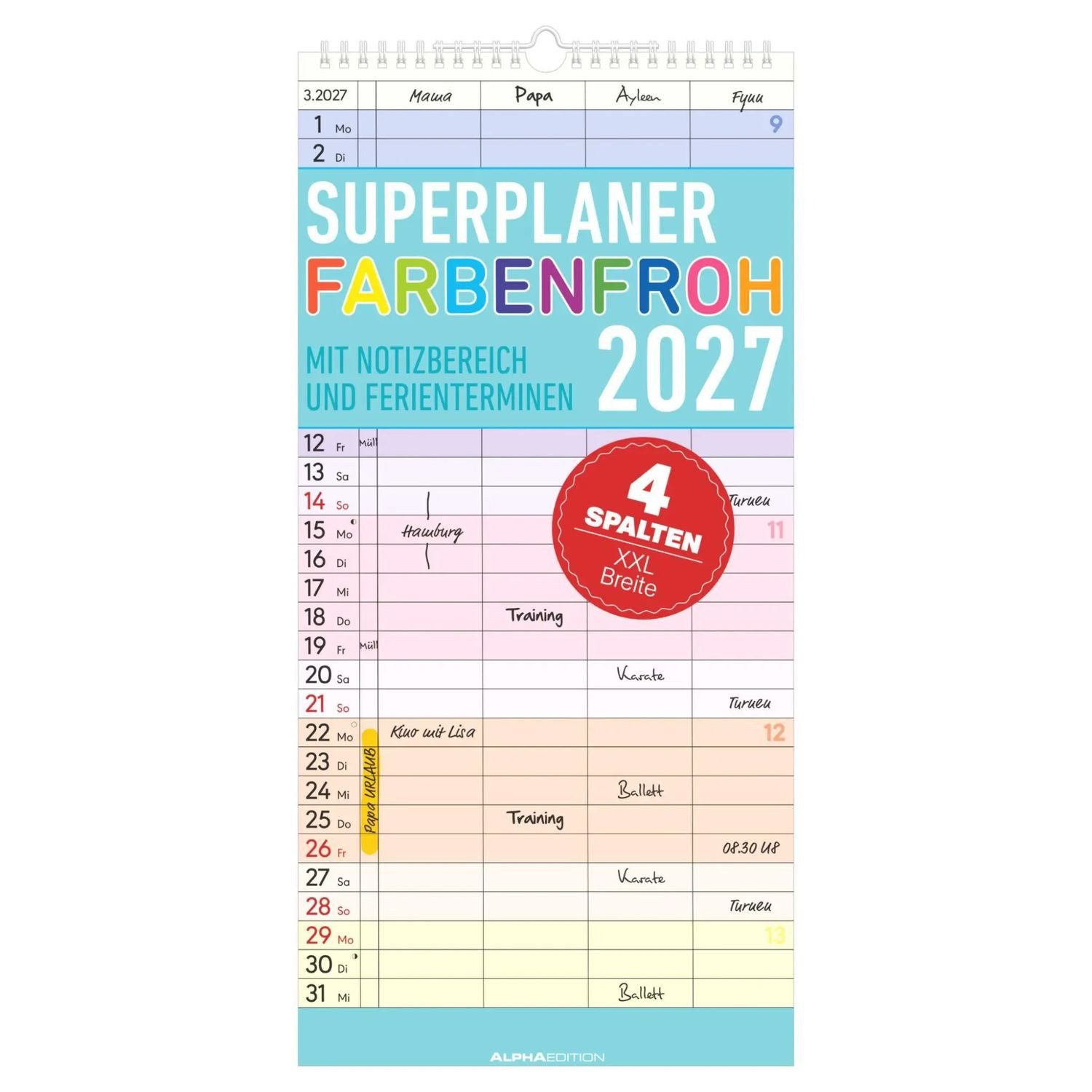NEUMANN Wandkalender Superplaner Farbenfroh - 4 Spalten 2027