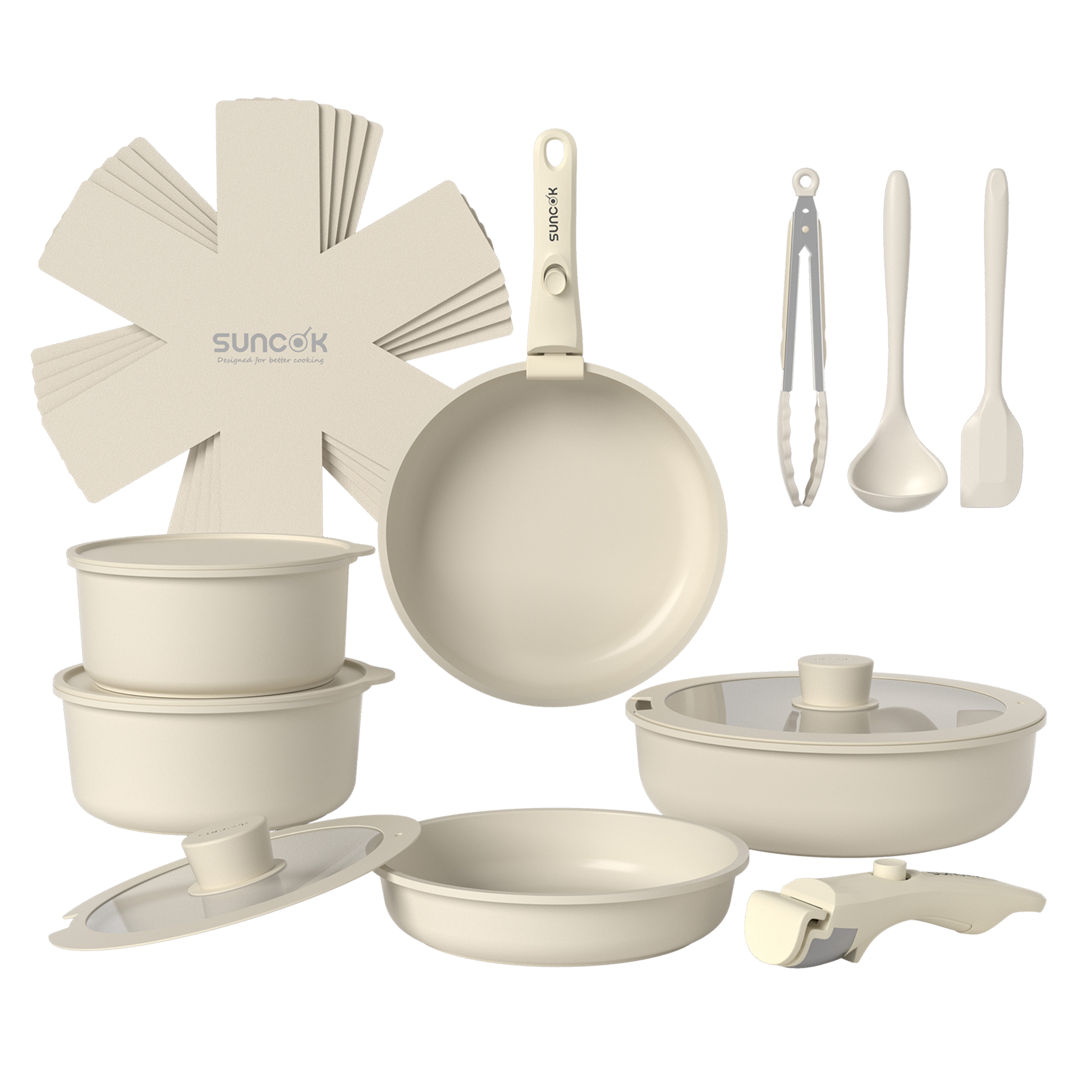 SUNCOK Topf-Set Pfannenset 19-Teilig Antihaft-Keramik-Kochgeschirr-Set,Ofenfest 450 °C, Aluminium (Set, 18/20 cm Suppentopf + 20/26 cm Bratpfanne + 26 cm Tiefe Bratpfanne), mit Abnehmbaren Griffen, Stapelbar Topfset Für alle Herdarten