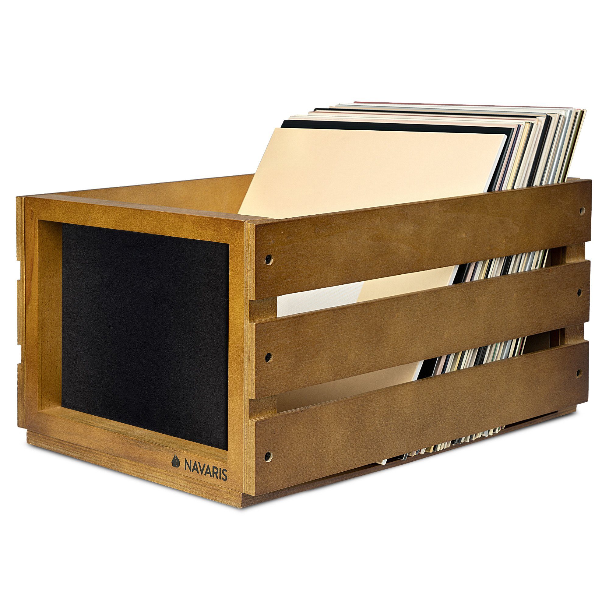 Navaris Transportbehälter Holz Schallplatten Kiste Kreidetafel 42,9x34,4x22,9cm bis 80 LP Braun, (1-St)