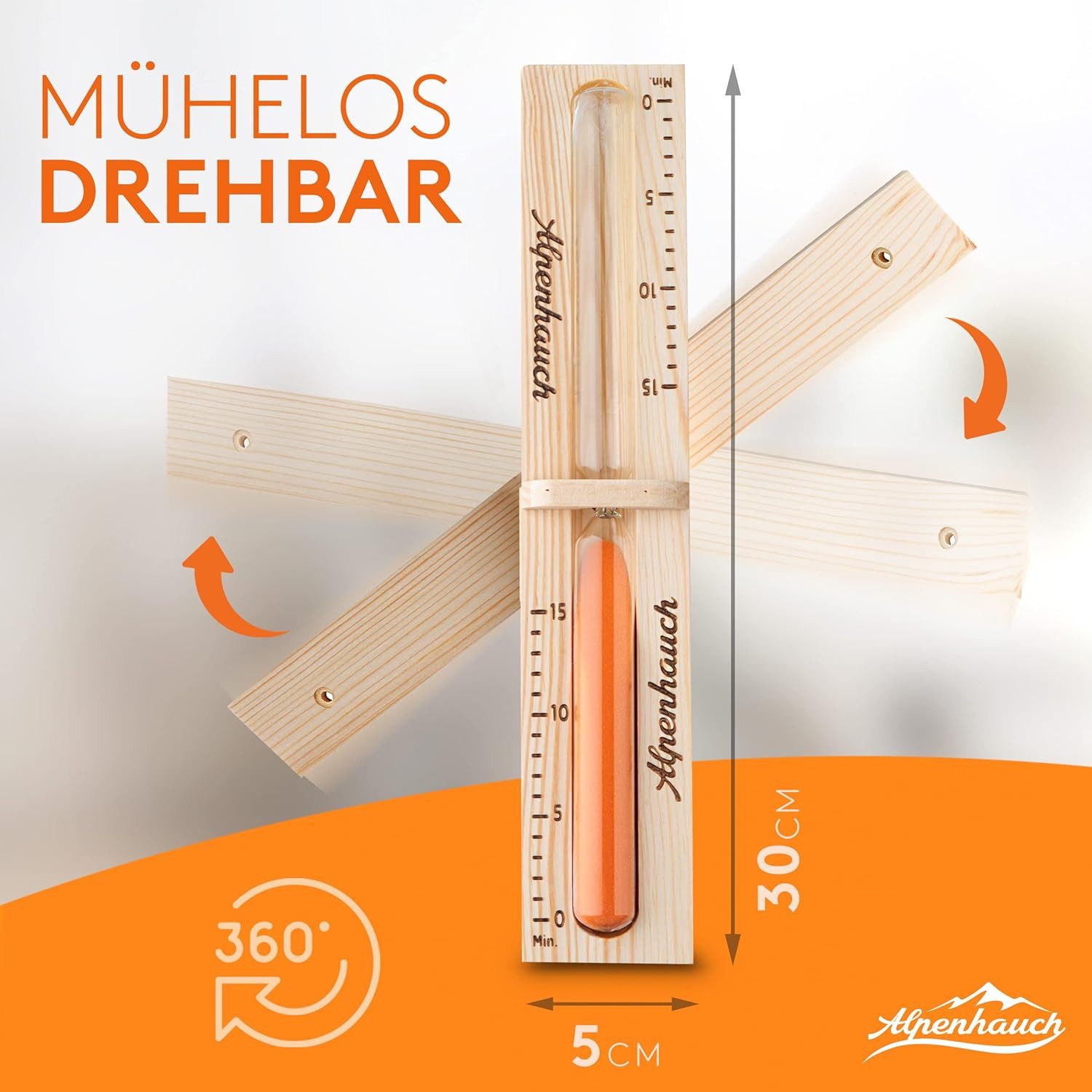 Alpenhauch Sauna-Sanduhr 15 Minuten - Edle Holz-Saunauhr, drehbar, Sicherheitsglas (präzise Zeitmessung, 100% Naturholz, leicht ablesbar)