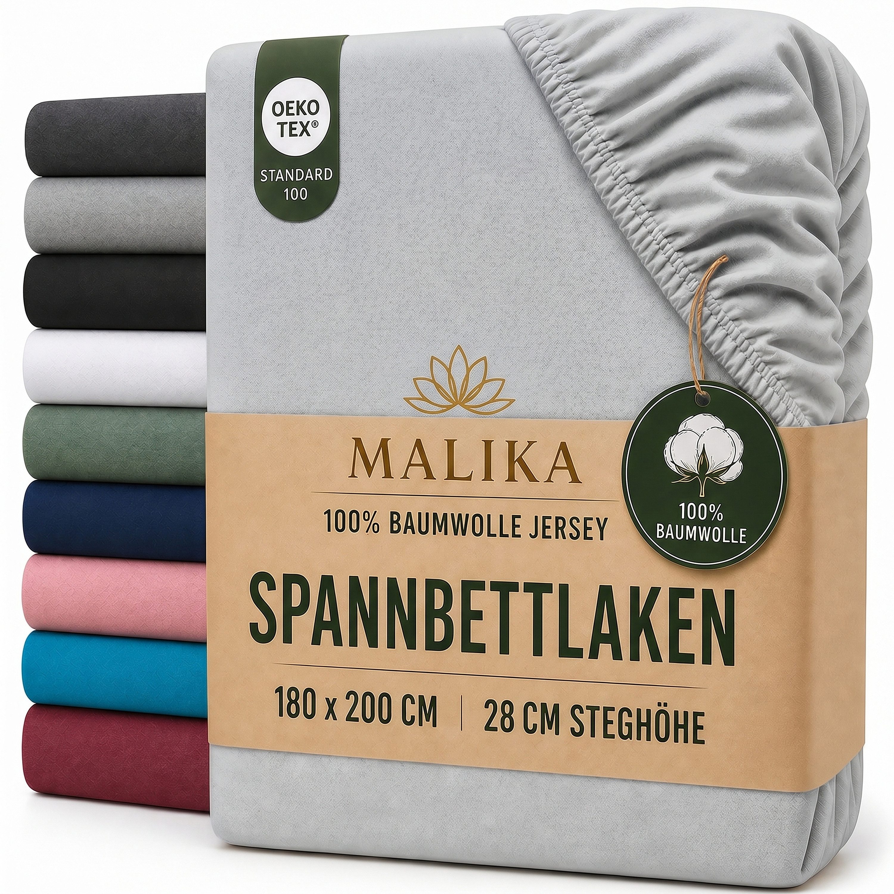 Malika Spannbettlaken aus 100% Baumwolle, 90-100x200, Silber, Jersey Baumwolle, Gummizug: Ja, (1 Stück), Allergikergeeignet, Pflegeleicht und Atmungsaktiv