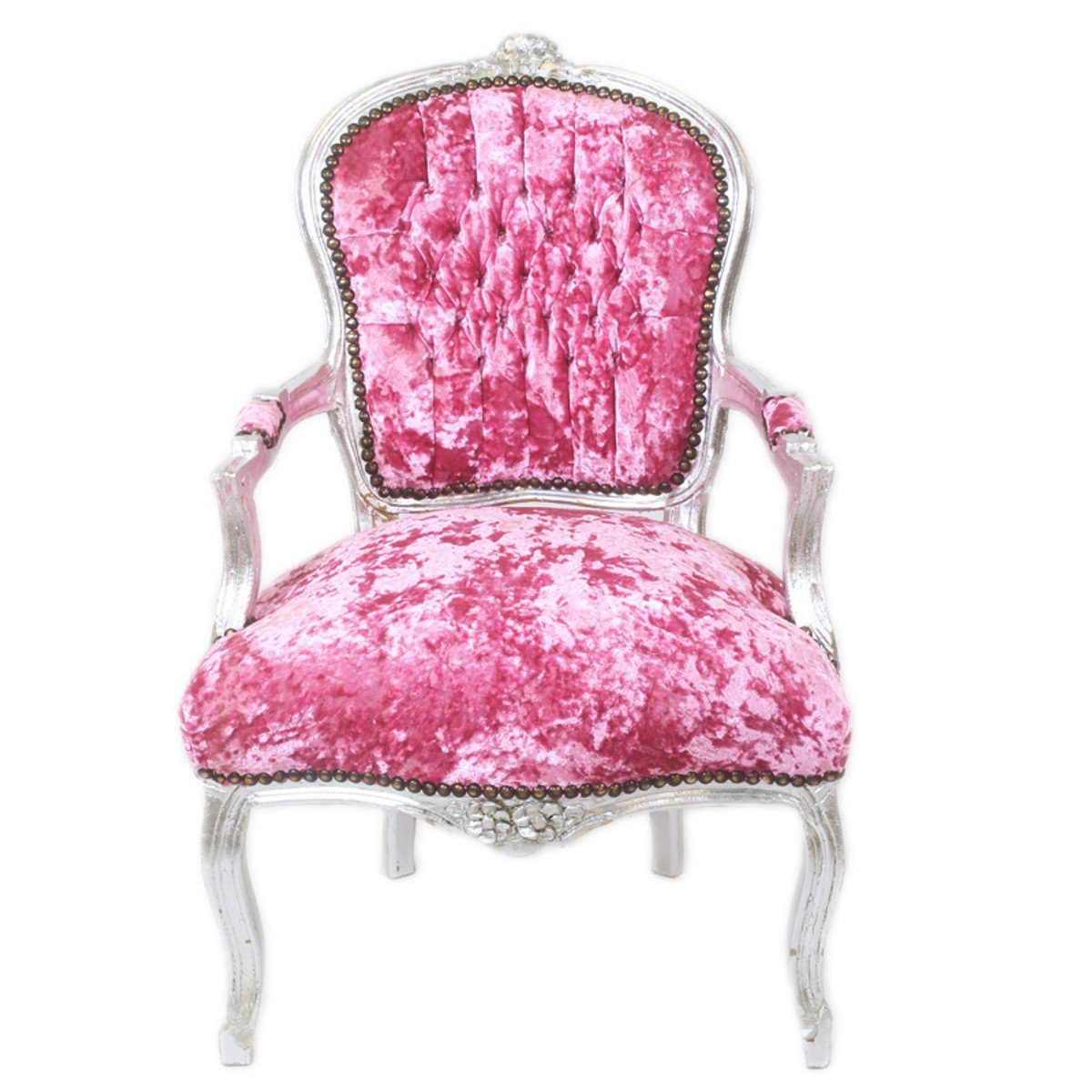 Casa Padrino Besucherstuhl Silber - / Salon Barock Pink Möbel Velour Design Stoff Antik Stuhl