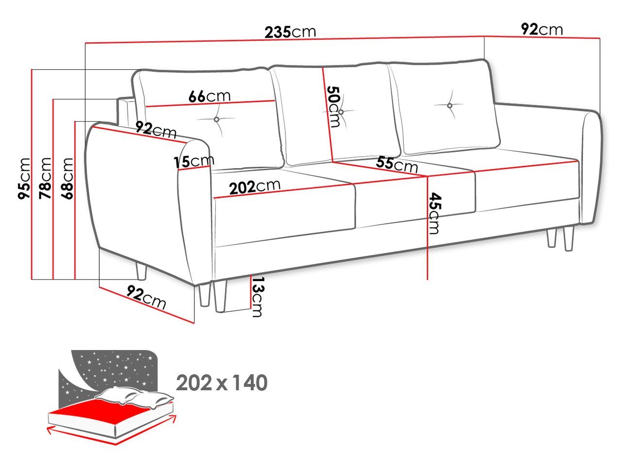 Rückenlehne Form Holzfüße, beweglicher in Kissen und mit Bettkasten, Schlaffunktion Wellenfeder, Manstad, MIRJAN24 Schlafsofa