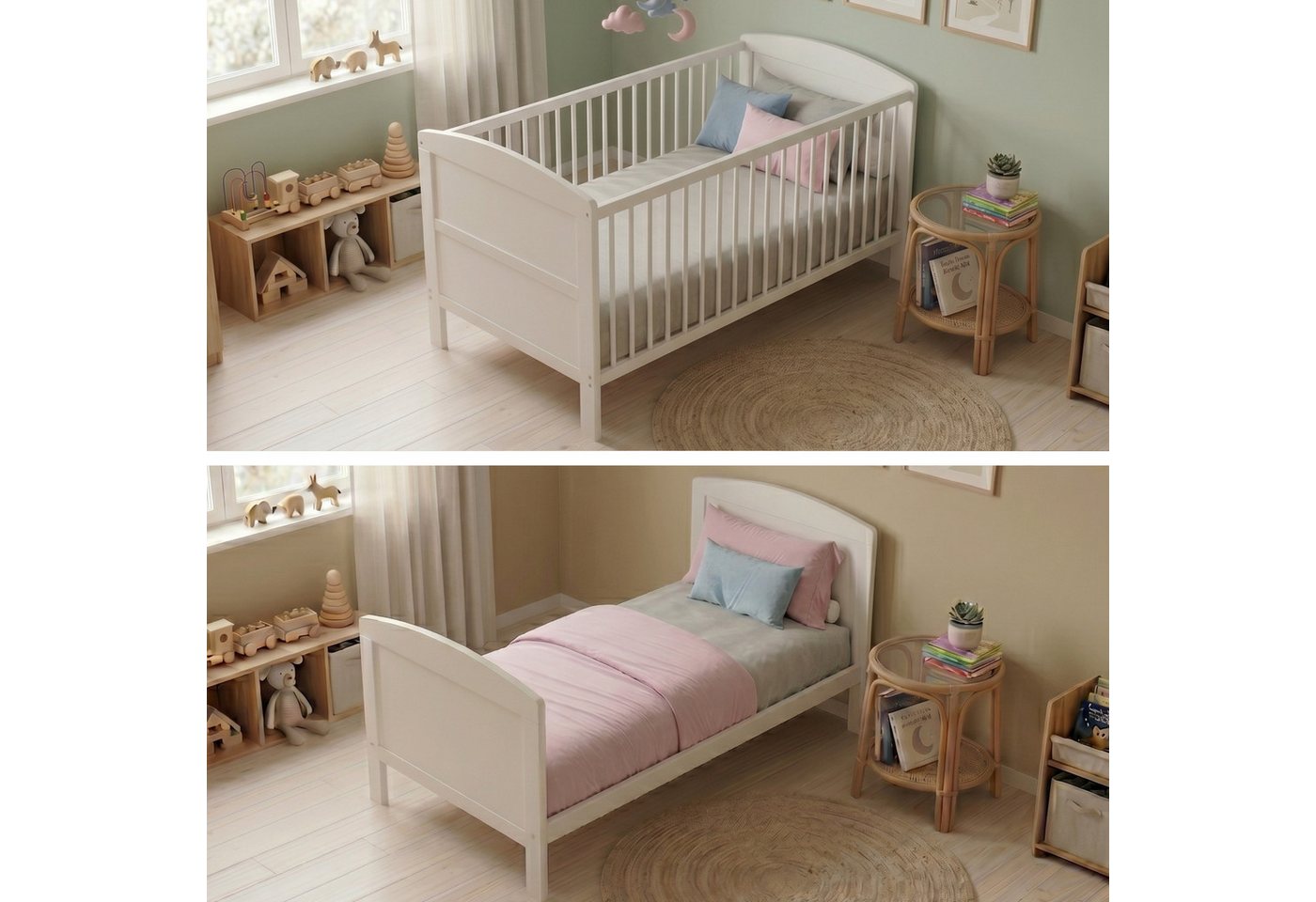 Kids Collective Babybett Kinderbett 60x120/70x140 cm umbaubar zu höhenverstellbares Lattenrost, 60x120 cm, Weiß mit Matratze von Geburt bis 3. Lebensjahr