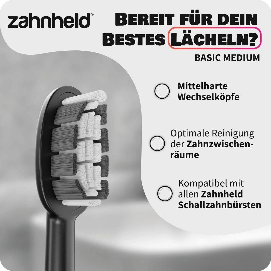 Zahnheld Aufsteckbürsten Ersatzbürsten Basic Medium - ideal für Schallzahnbürste Gero, im 3er, 6er oder 9er Set, Zahnpflege Set, mittelharte Wechselköpfe, plastikfrei verpackt, 3 Stück, schwarz
