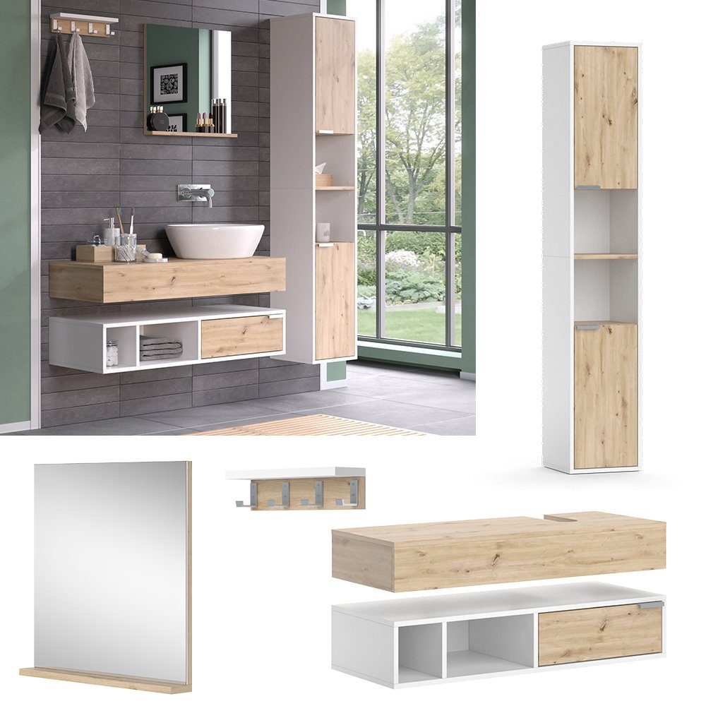Vicco Badmöbel-Set Henri, Weiß/Artisan-Eiche, 5 Teile, (5-St., 5er Set)