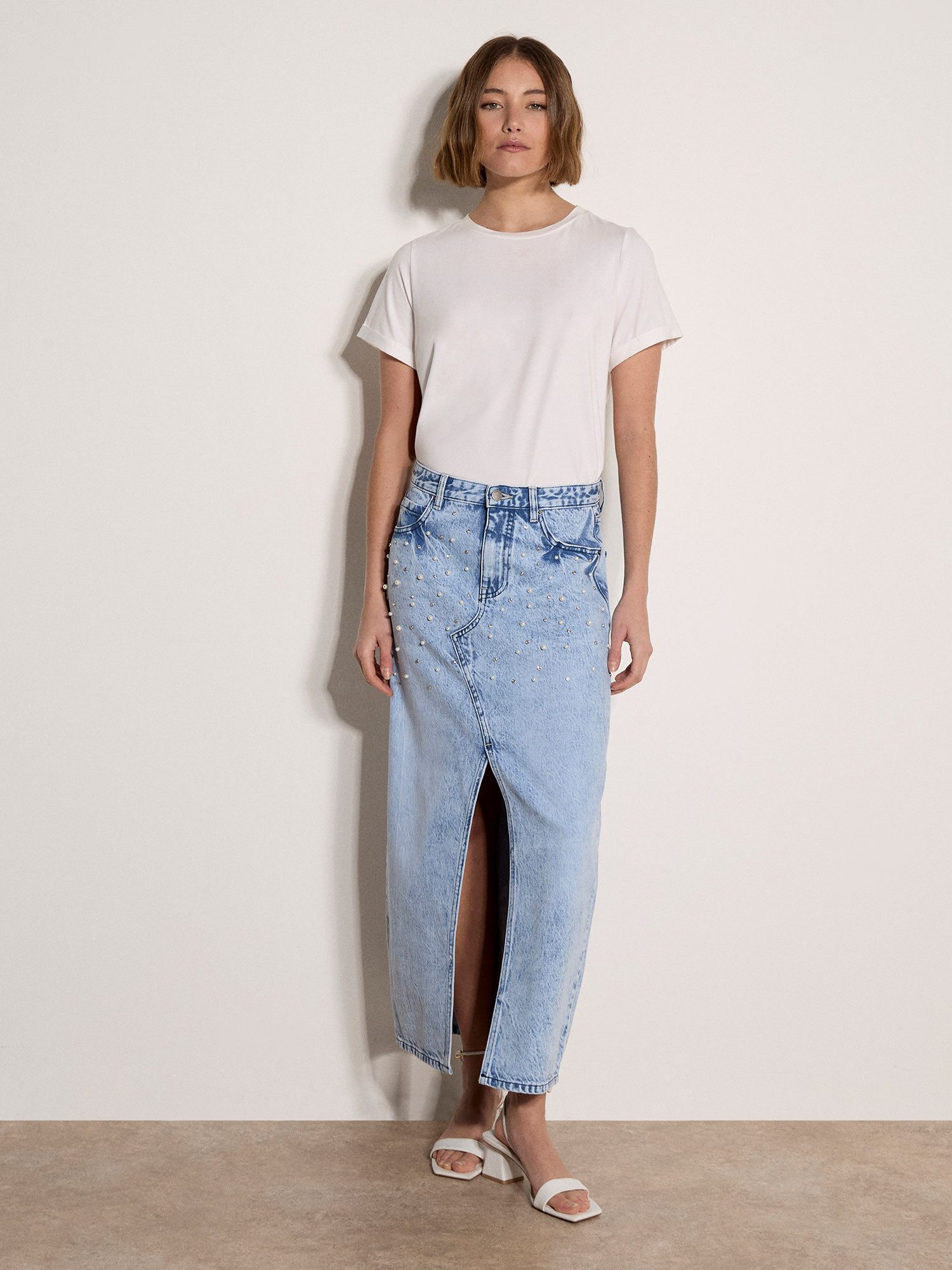 Apricot Midirock Midi-Jeansrock mit Perlenverzierung mit Perlenverzierung