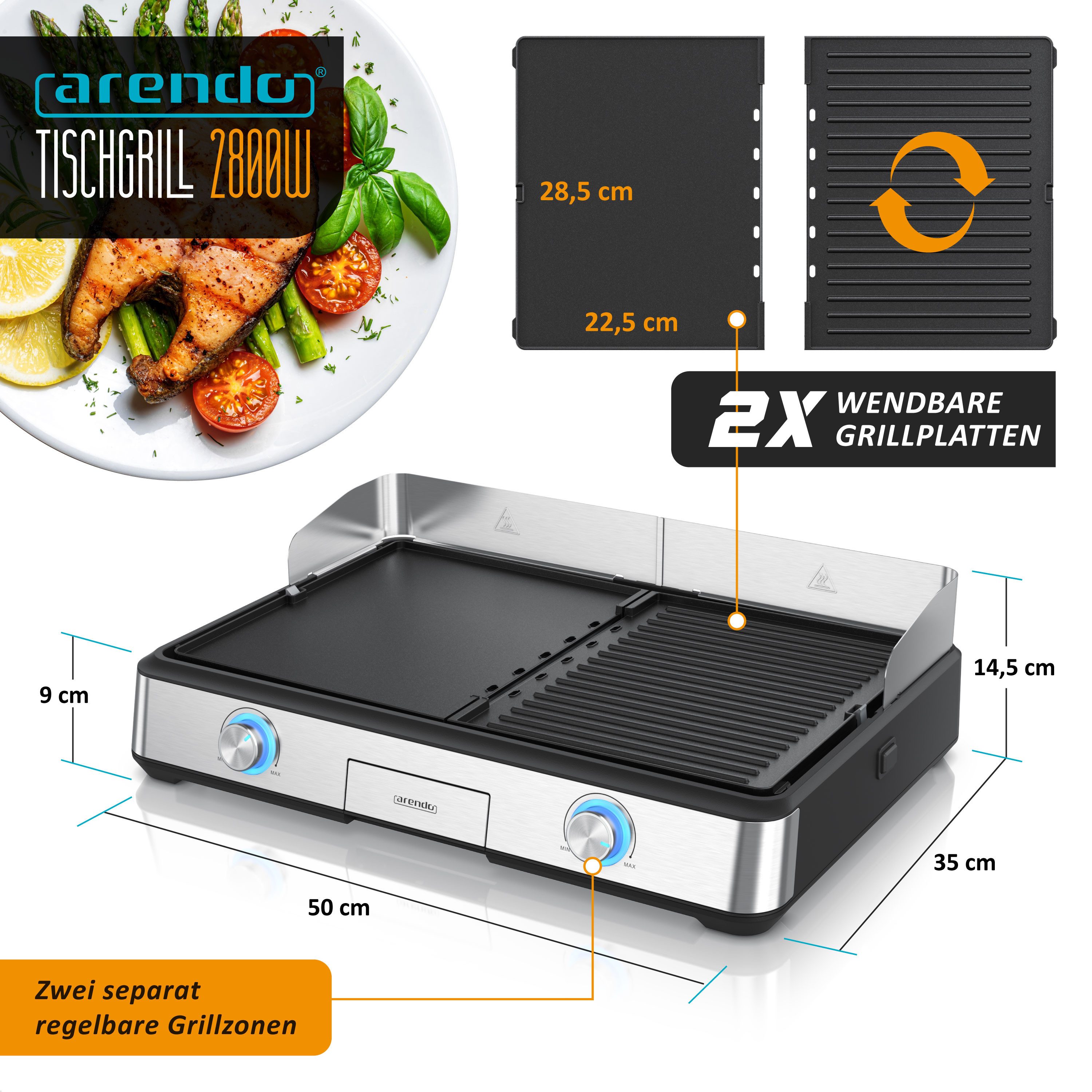 Arendo Tischgrill Gourmet Edelstahl Elektrogrill, 2 Grillzonen, elektrisch, Spritzschutz, 2800 W, Antihaftbeschichtung, Temperaturregelung, für Balkon, Garten & Indoor