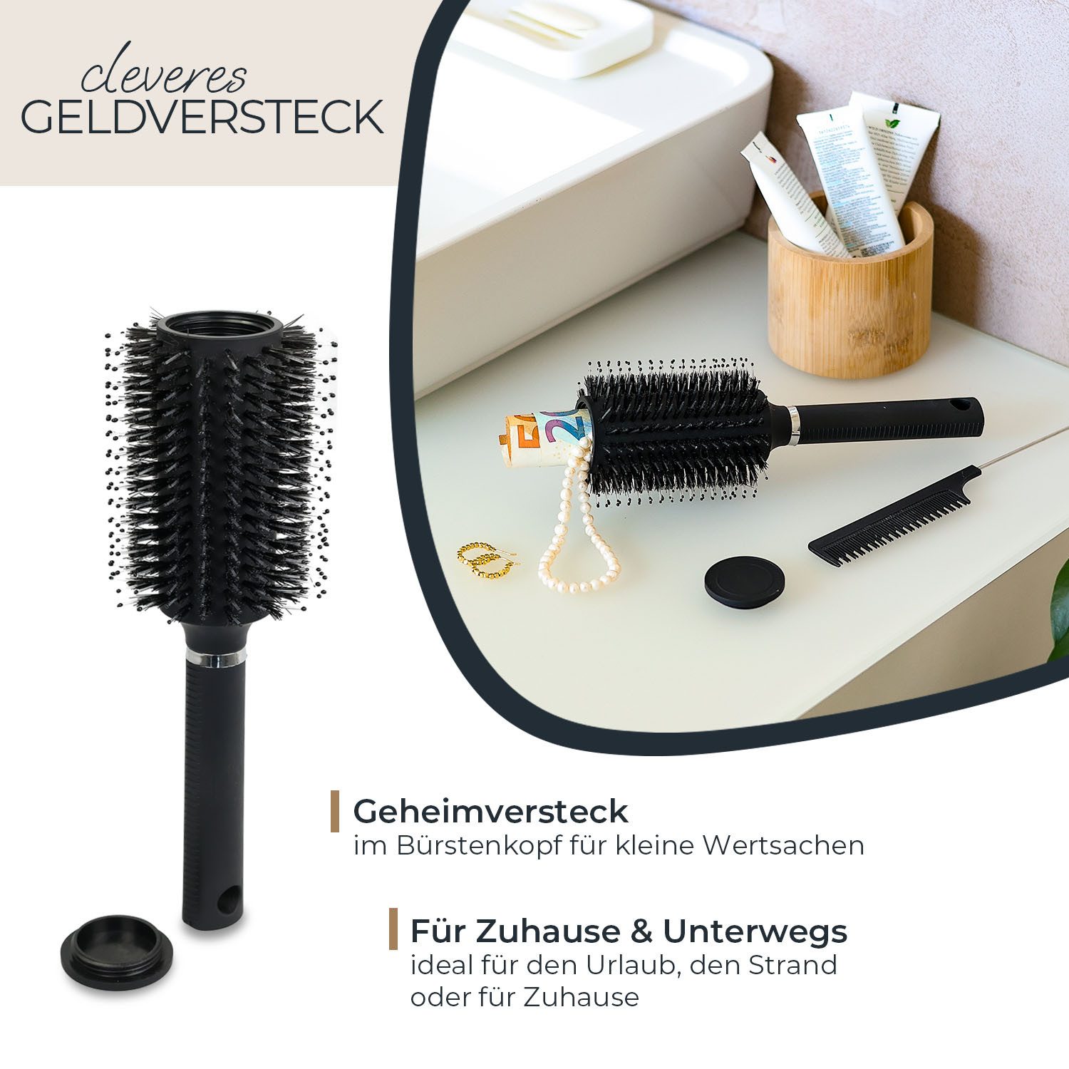 HMF Tresor Geldversteck für Zuhause und Reise, Haarbürste, mit Geheimversteck im Bürstenkopf, 23,5 x 8 x 8 cm – Bild 2 von 5