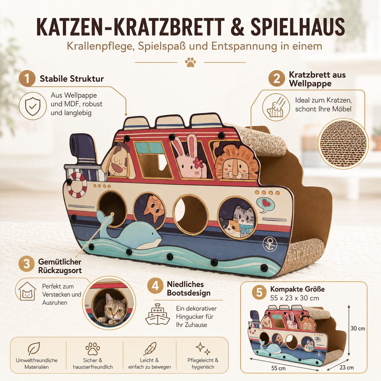 SNOEKIE Kratzbrett SNOEKIE stabile Katzenhöhle mit Kratzbrett aus Wellpappe und MDF