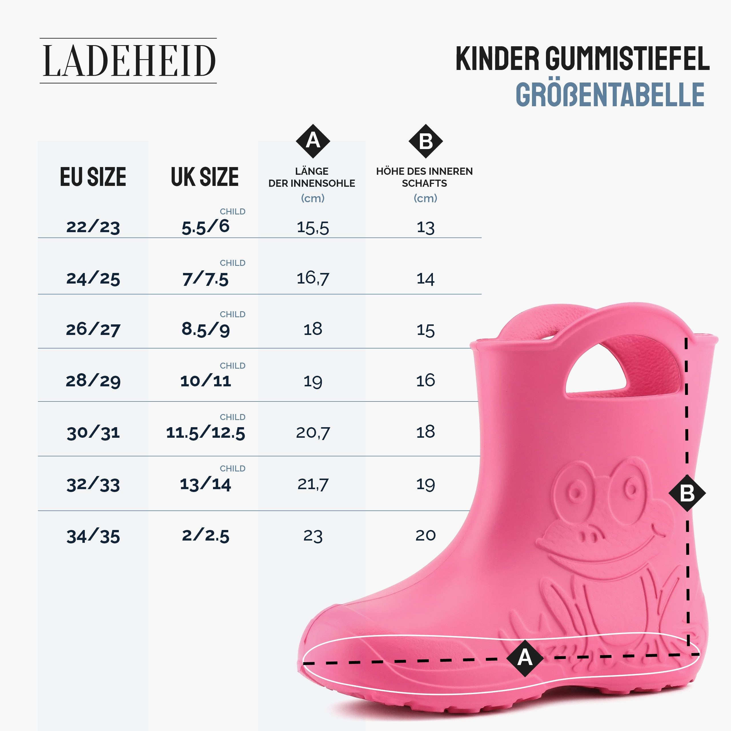 Ladeheid EVA federleichte Regenschuhe LA-CA-03 Kinder Gummistiefel mit herausnehmbares Innenfutter