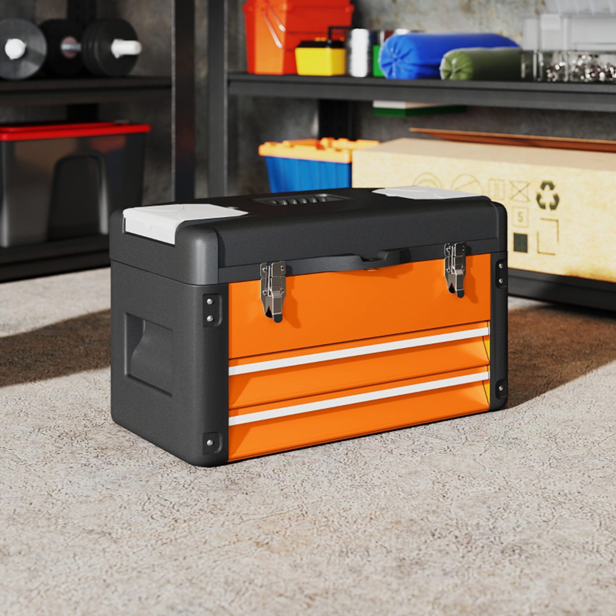 MC Star Werkzeugbox Werkzeugkiste leer, 49,7 x 25,3 x 28,9 cm Werkzeugkasten mit Schublade (Mini-Box, oberes Staufach, Handgriff, Werkzeugkoffer aus Stahl, Orange)