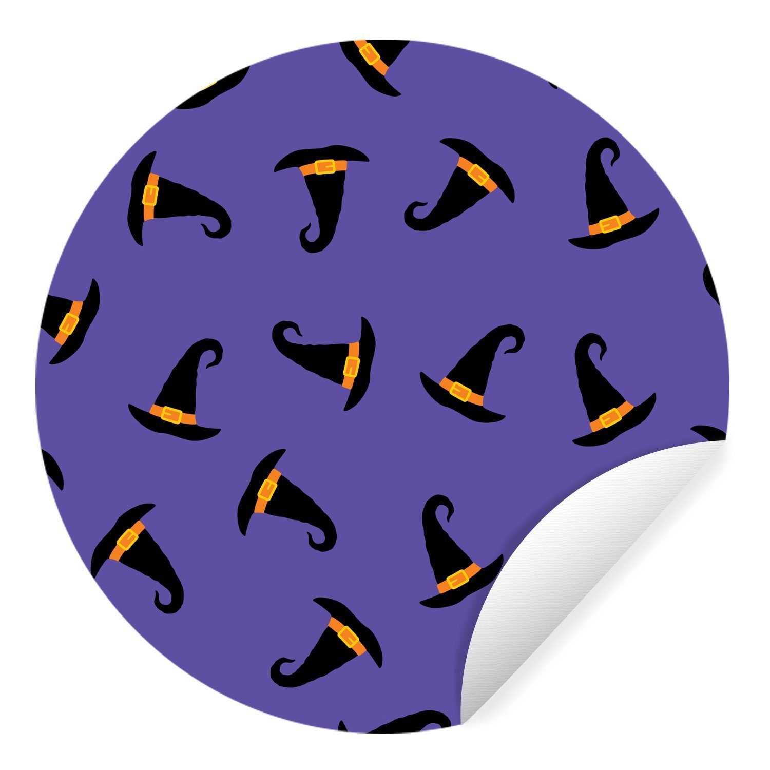 MuchoWow Wandsticker Halloween-Muster mit schwarzen Hexenhüten (1 St), Tapetenkreis für Kinderzimmer, Tapetenaufkleber, Rund, Wohnzimmer