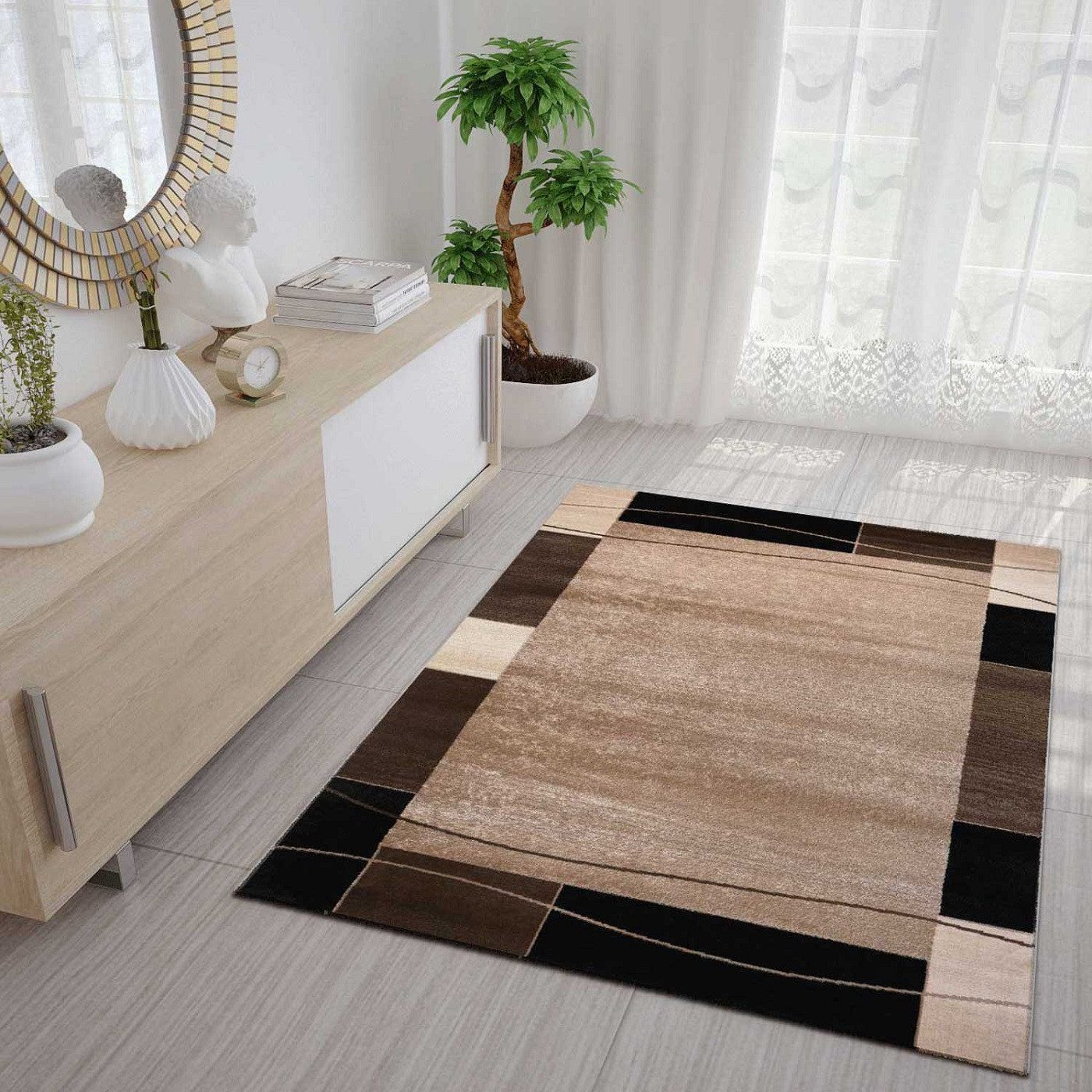 Vimoda Teppich Wohnzimmer geometrische Kurzflorteppich Braun & Grau, Rechteckig, Höhe: 8 mm, Teppich Klassisch Bordüre braun & beige, Retro