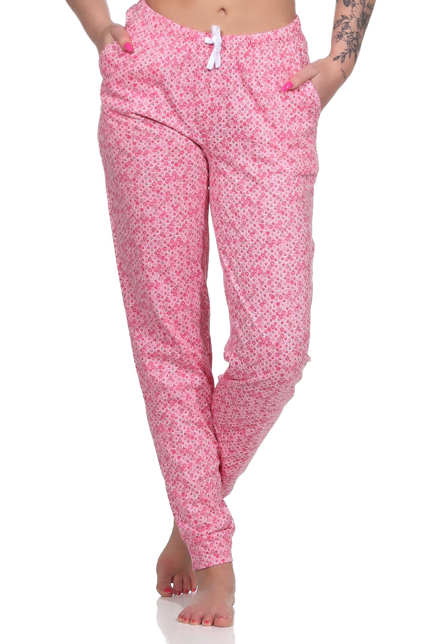 Normann Pyjama Damen Schlafanzug Pyjama Hose lang Mix & Match in Herz  Tupfen Optik - ideal zu kombinieren