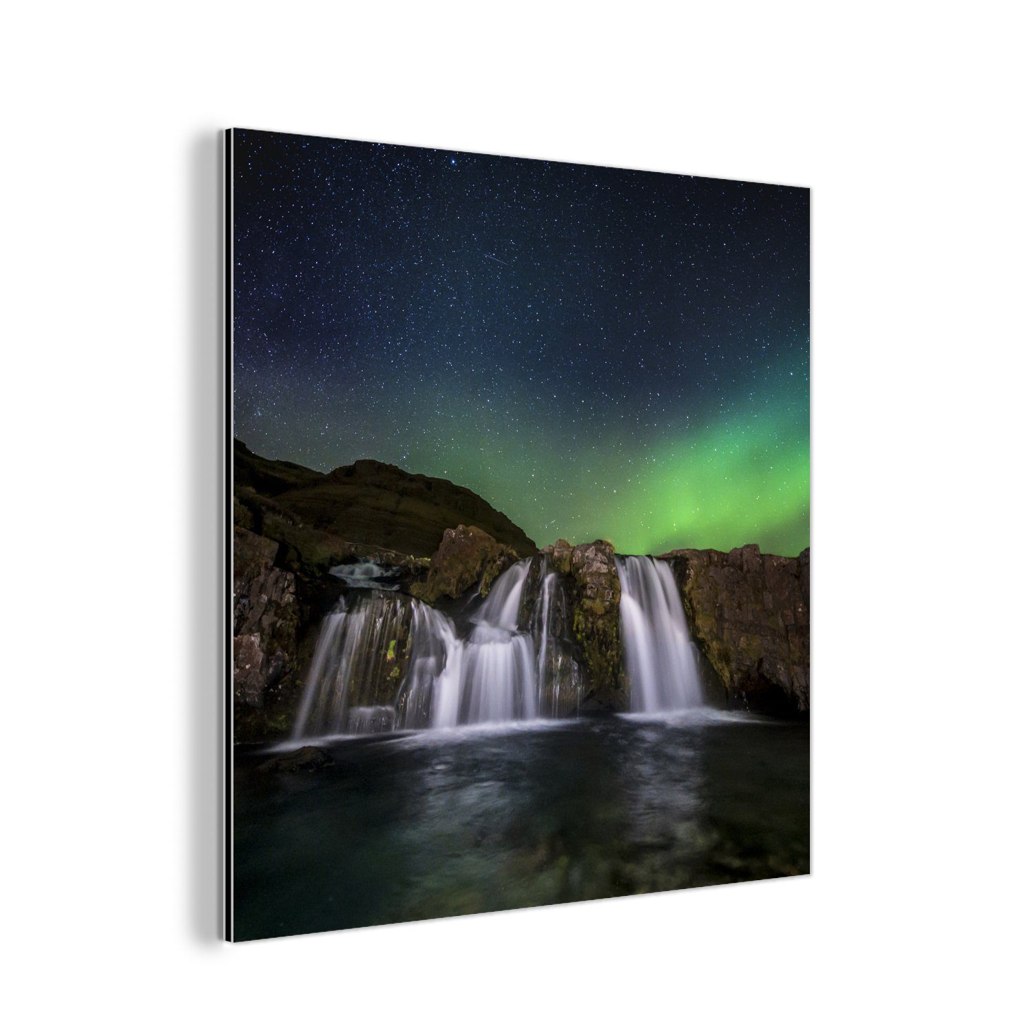 (1 Metall, aus - Island - Nordlicht Gemälde Aluminium Wasserfall St), MuchoWow Natur, deko Alu-Dibond-Druck, Metallbild -