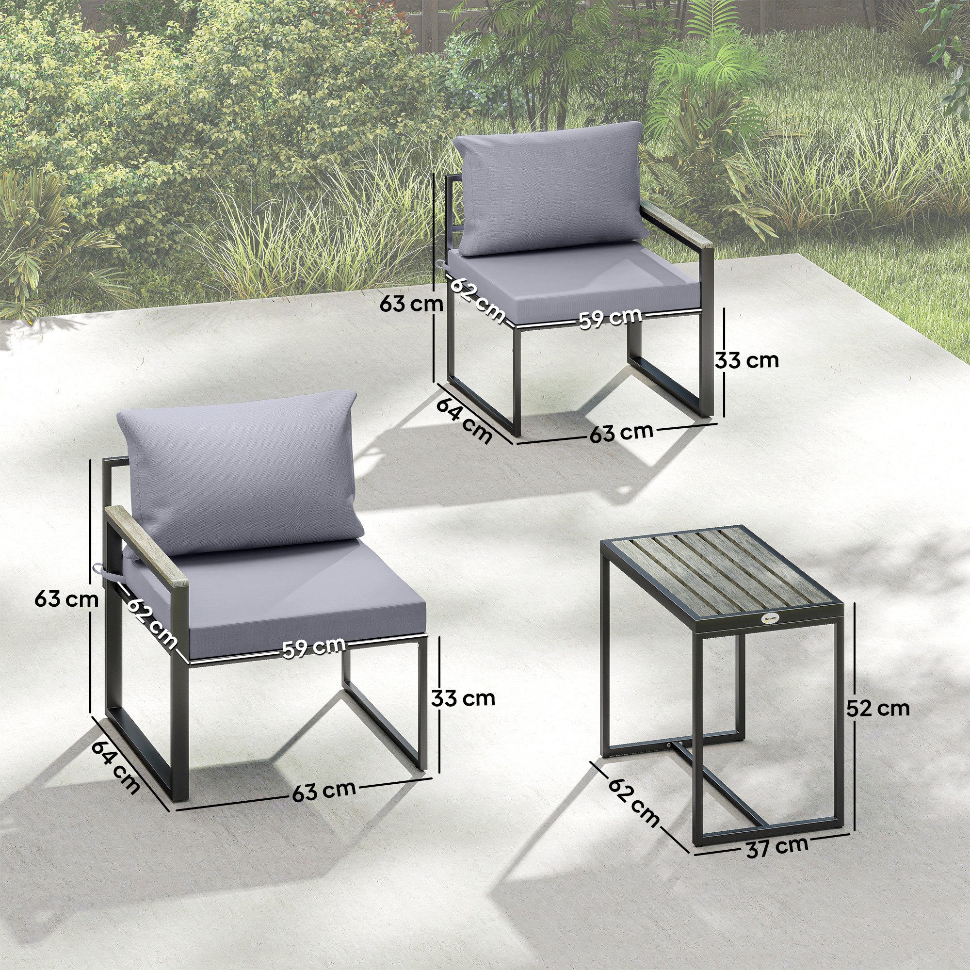 Outsunny Sitzgruppe mit Tisch, abnehmbar Sitz-& Rückenkissen, atmungsaktiv Bezug, (Garten Bistro Set, 3-tlg., Balkonmöbel Set), für Garten Terrasse Grau