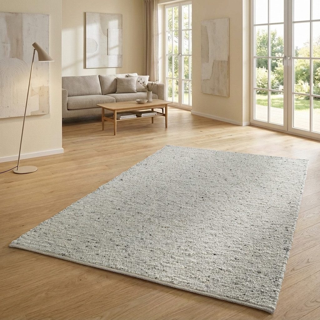 TaCa Home Wollteppich Handweb Woll-Teppich Neuseeland, rechteckig, Höhe: 10 mm, Schlafzimmer Kinderzimmer Wohnzimmer, hellgrau meliert - 90 x 180 cm