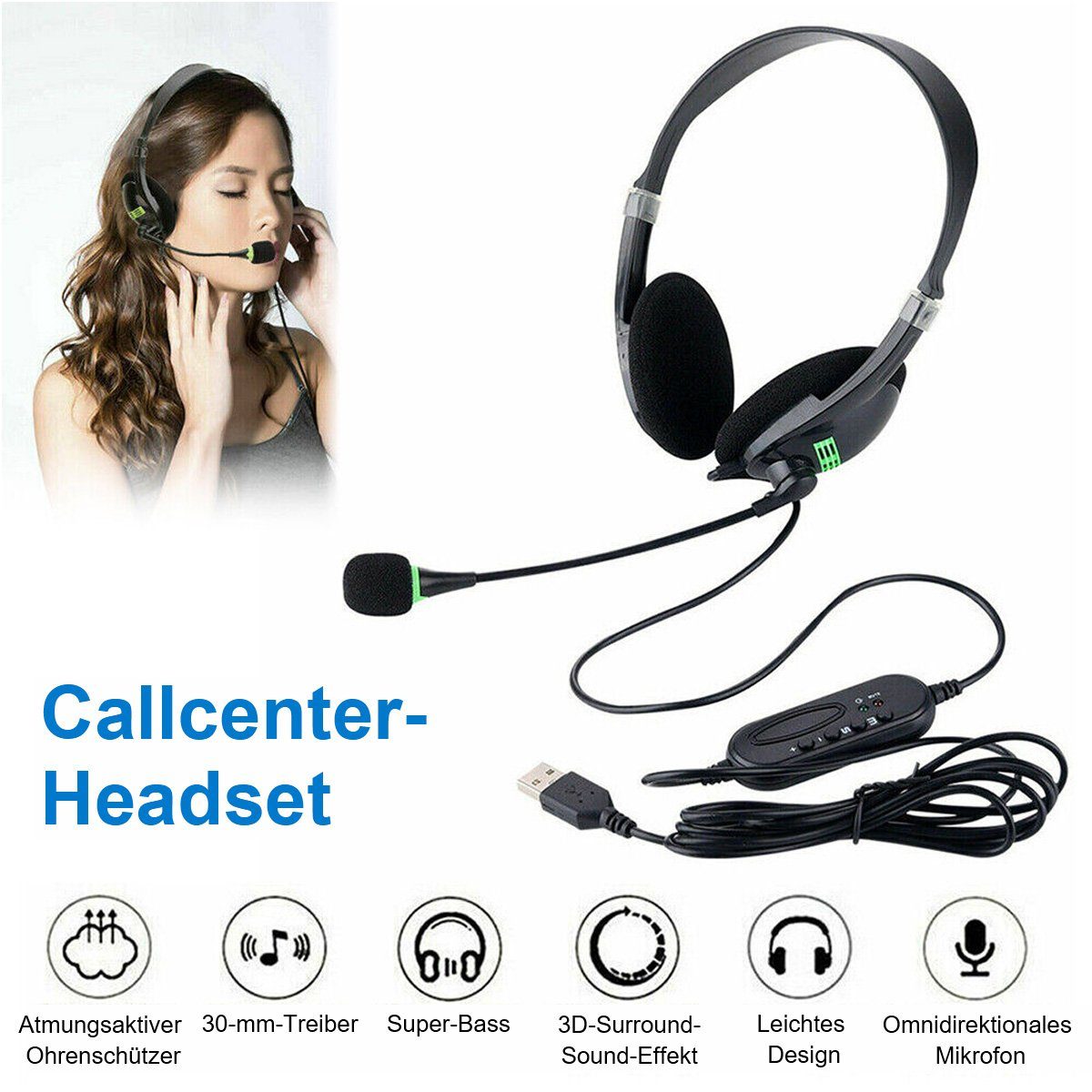yozhiqu Computer-USB-Schnittstellen-Headset Headset-Headset Büro-Headset On-Ear-Kopfhörer (Kundendiensttelefon mit Mikrofon-Airline-Headset)