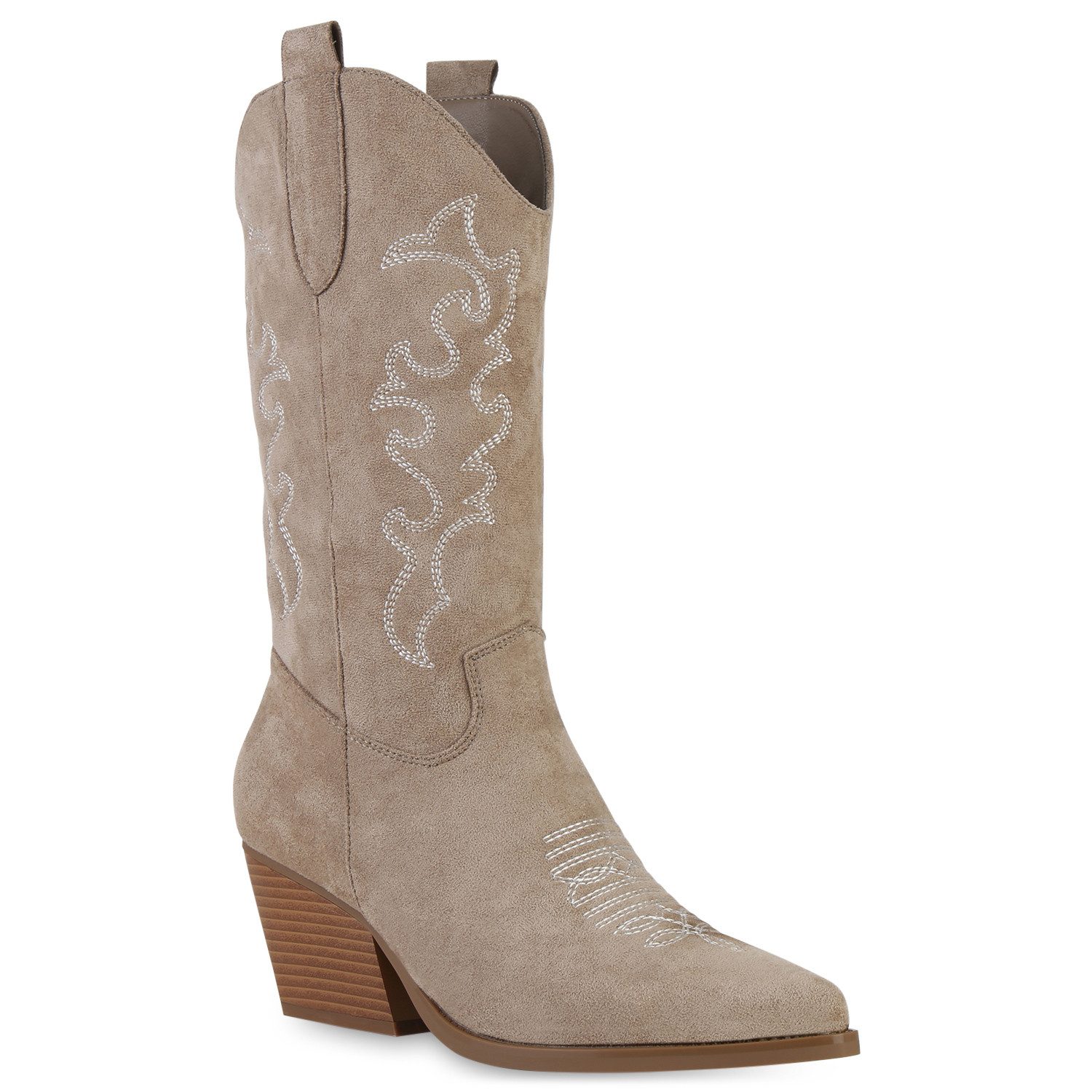 VAN HILL 839969 Cowboystiefel Damen Stiefel Cowboystiefel Stickereien Holzoptikabsatz