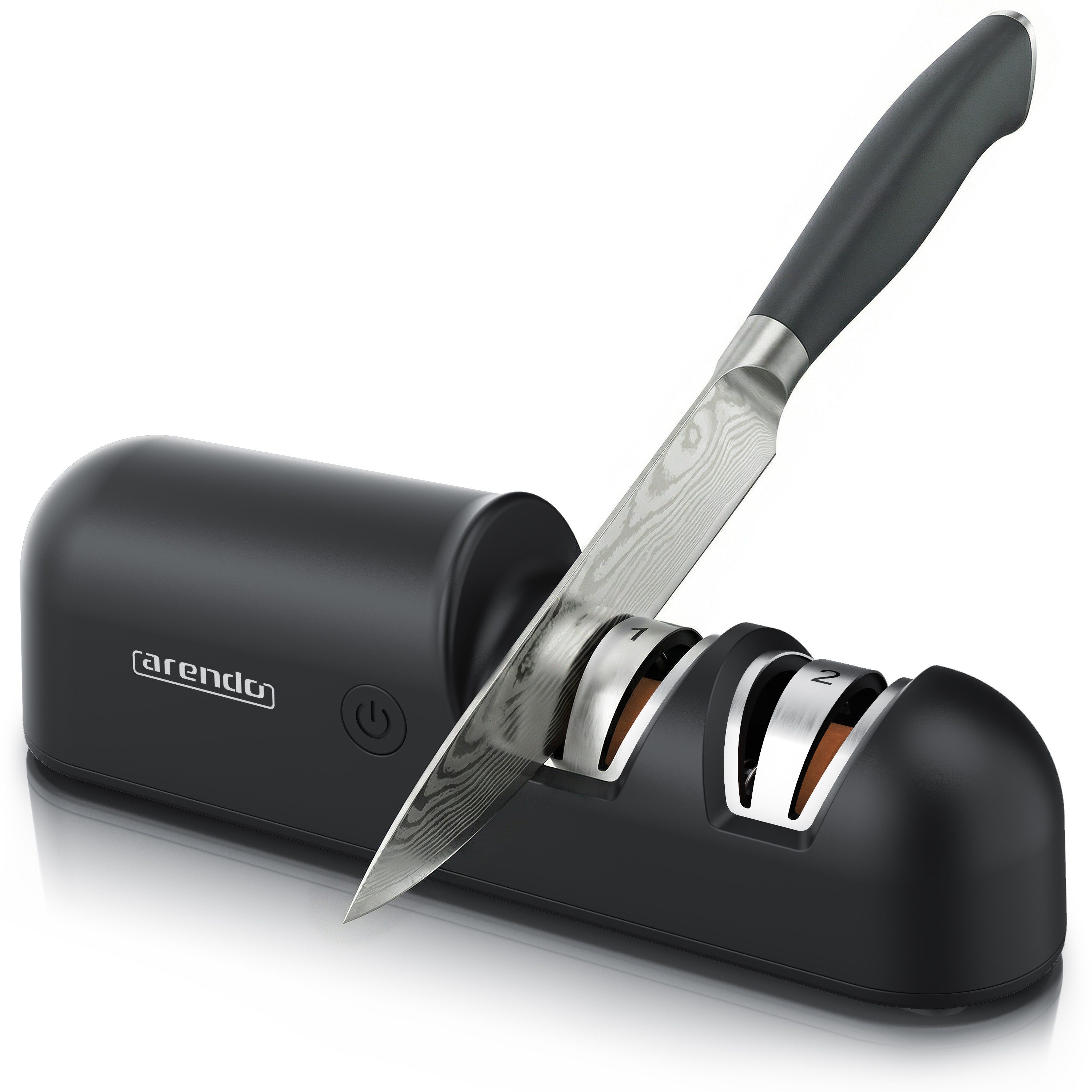 Arendo Messerschärfer Elektrischer Profi-Messerschärfer, kompakt, für viele Messerarten, 2-Stufen Grob- & Feinschliff, 1200mAh Akku, Edelkorund, USB-C