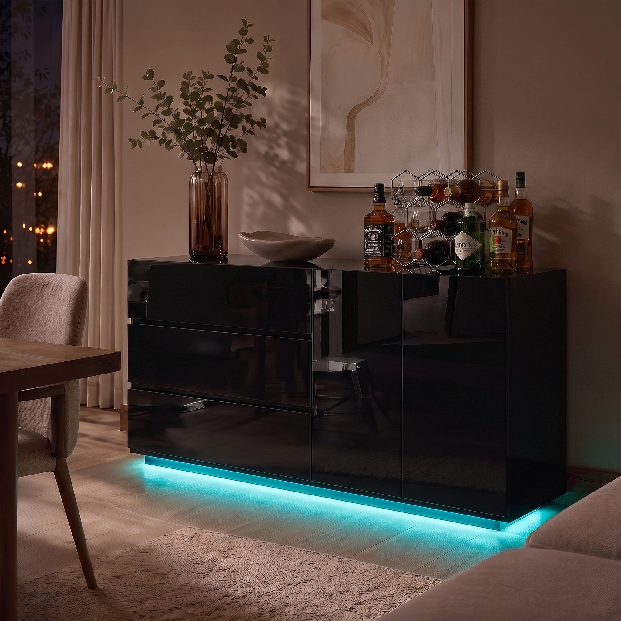 PXloue Sideboard Hochglanz Kommode( LED-Ambientebeleuchtung) , Modernes Sideboard mit 3 Schubladen und 2 Fächern, Breite 160 cm