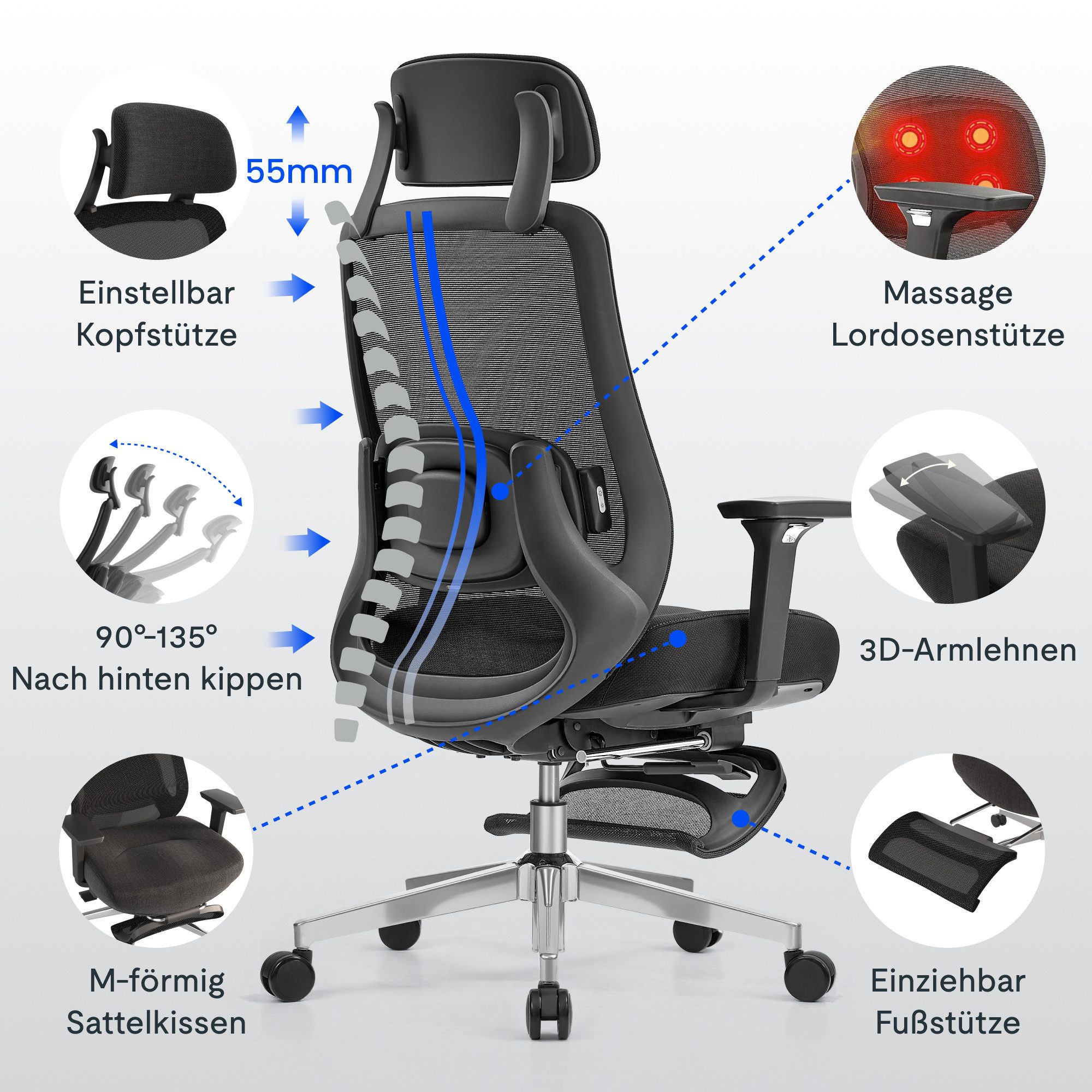 FLEXISPOT Bürostuhl MasterEase Massage Bürostuhl mit Fußstütze (ergonomischer High-Back-Schreibtischstuhl mit 2D-Lendenstütze mit Heiz und Massagefunktion), 4-f – Bild 4 von 5